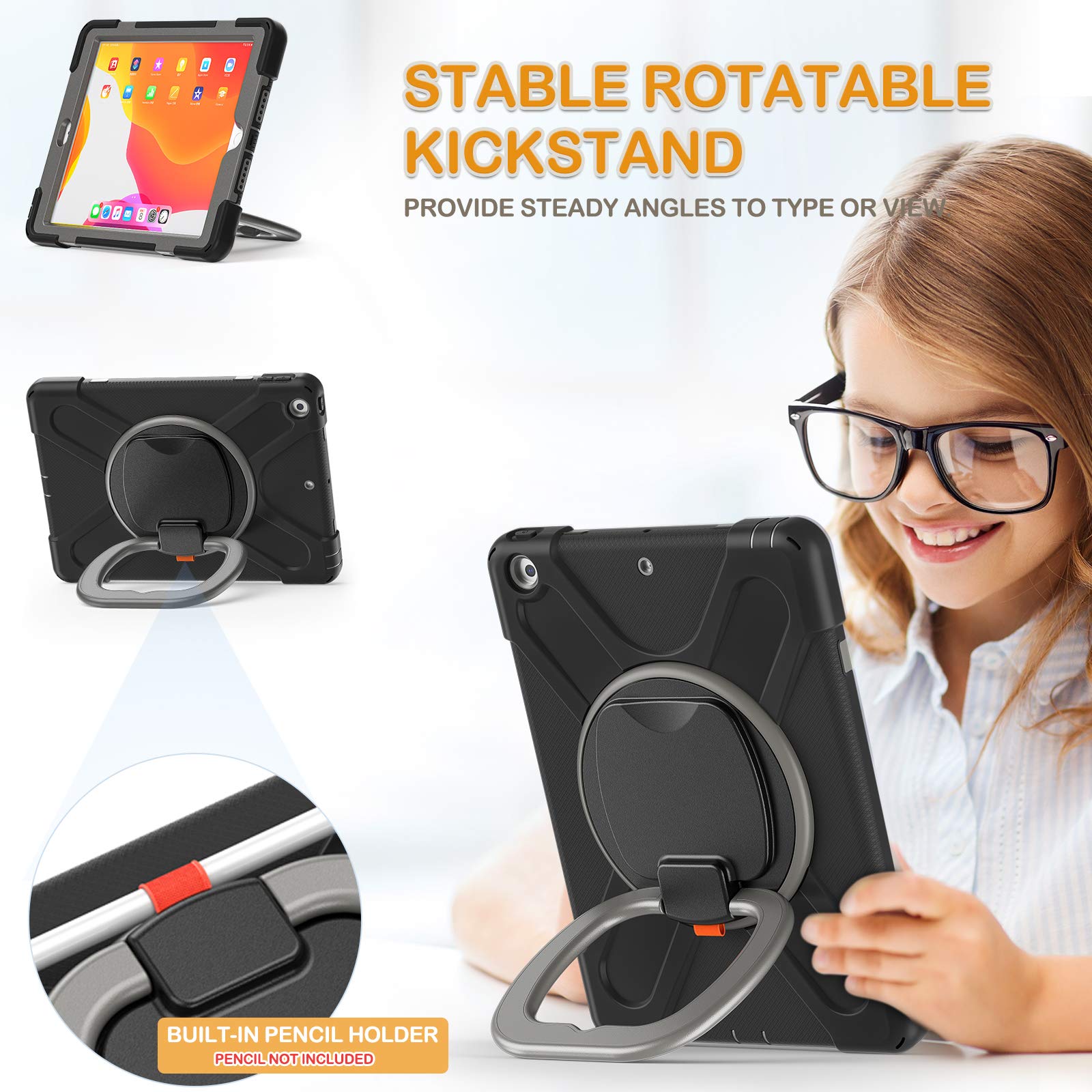 Braecn For Ipad 9Th 8Th 7Th Generation Case Kids, Shockproof Silicone Cover With Screen Protector, Handle Grip, Stand, Shoulder