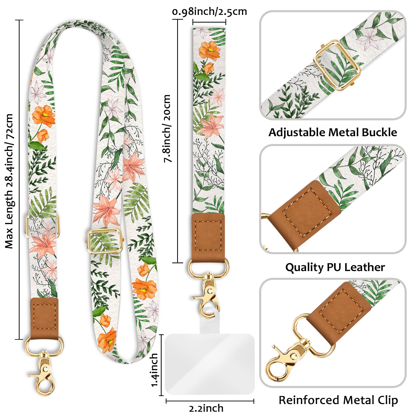 Piefly Phone Lanyard Crossbody Wrist Strap, Flower Cell Phone Lanyards For Around The Neck Wristlet Shoulder, Adjustable Floral