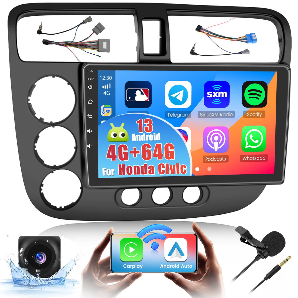 Hikity for Honda Civic 2001-2005 Android 13 Car StereoWireless Carplay, 8 Core 4+64GB 9 Inch IPS Touchscreen Android Auto Car Radio with 59 Themes Customize APPs Support GPS Navigation