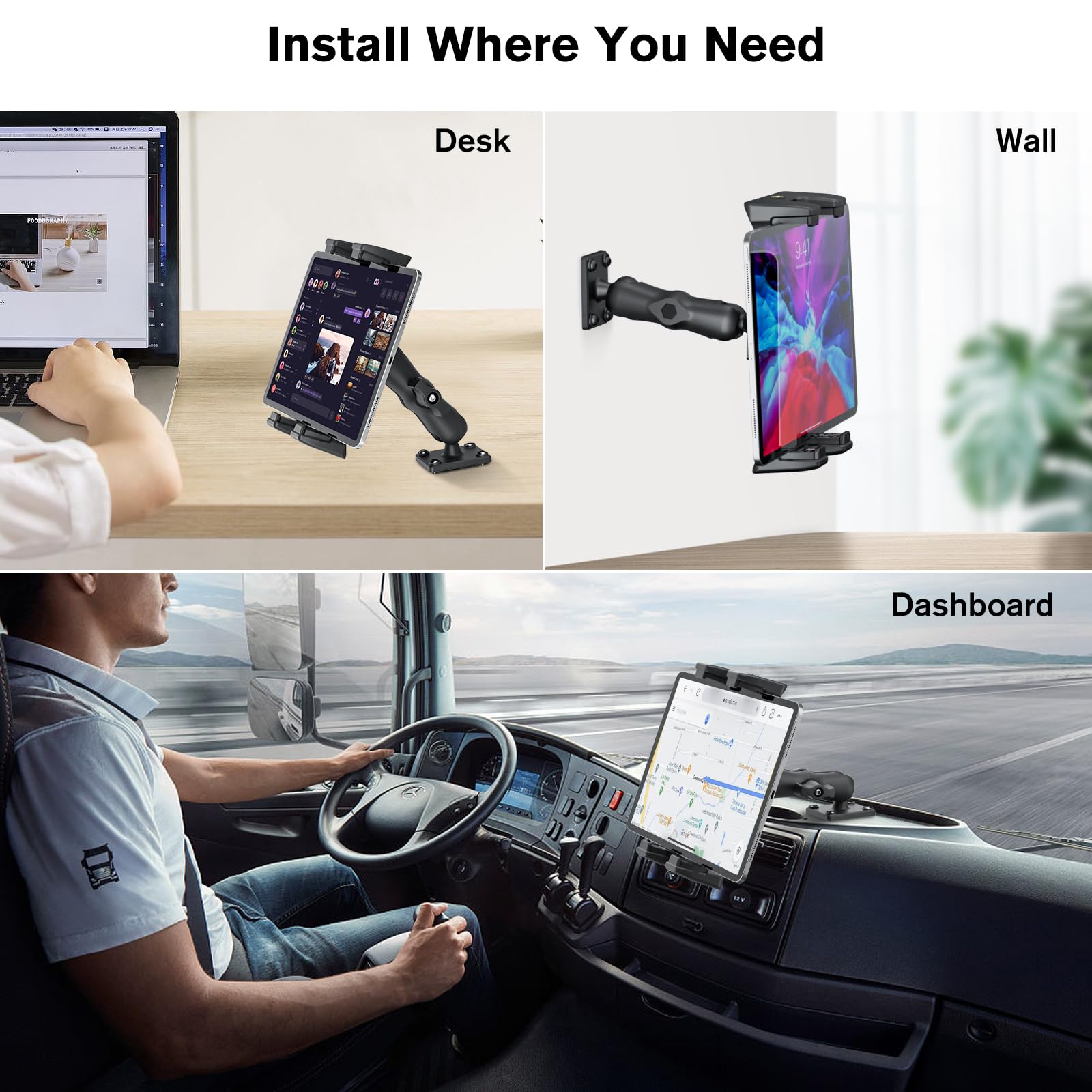 Ohlpro Car Tablet Holder   Heavy Duty Drill Base, Tablet Mount For Truck Compatible With Ipad Samsung Tab 5' 13' Tablet And Phone, Ipad Stand For Wall/Business/Vehicle/Desktop, Etc.