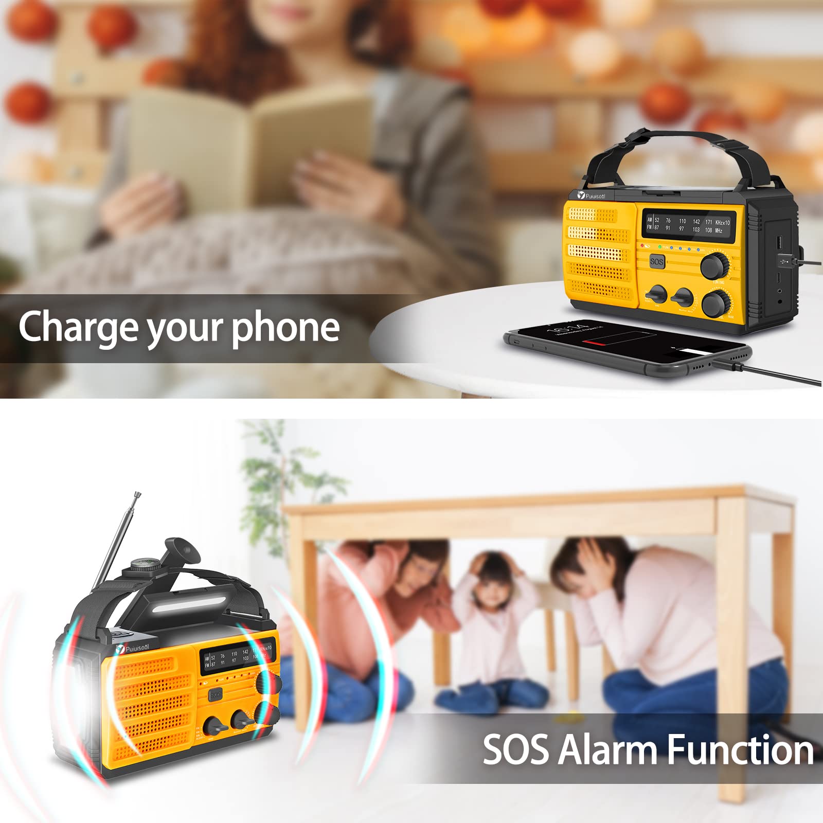 Emergency Radio,Puiuisoul 8000Mah Portable Weather Solar Radios With Hand Crank,Reading Lamp,3 Gear Led Flashlight,Sos Alarm,Am/