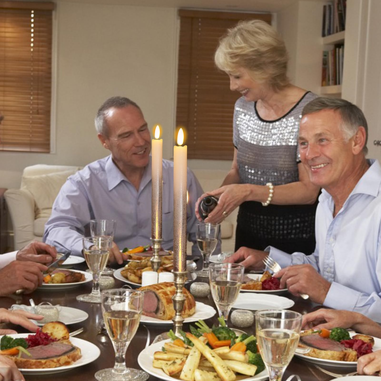 Dromance Silver Flameless Taper Candles Battery Operated With Remote Timer, Real Wax 3D Wick Flickering Led Taper Candles Dinner