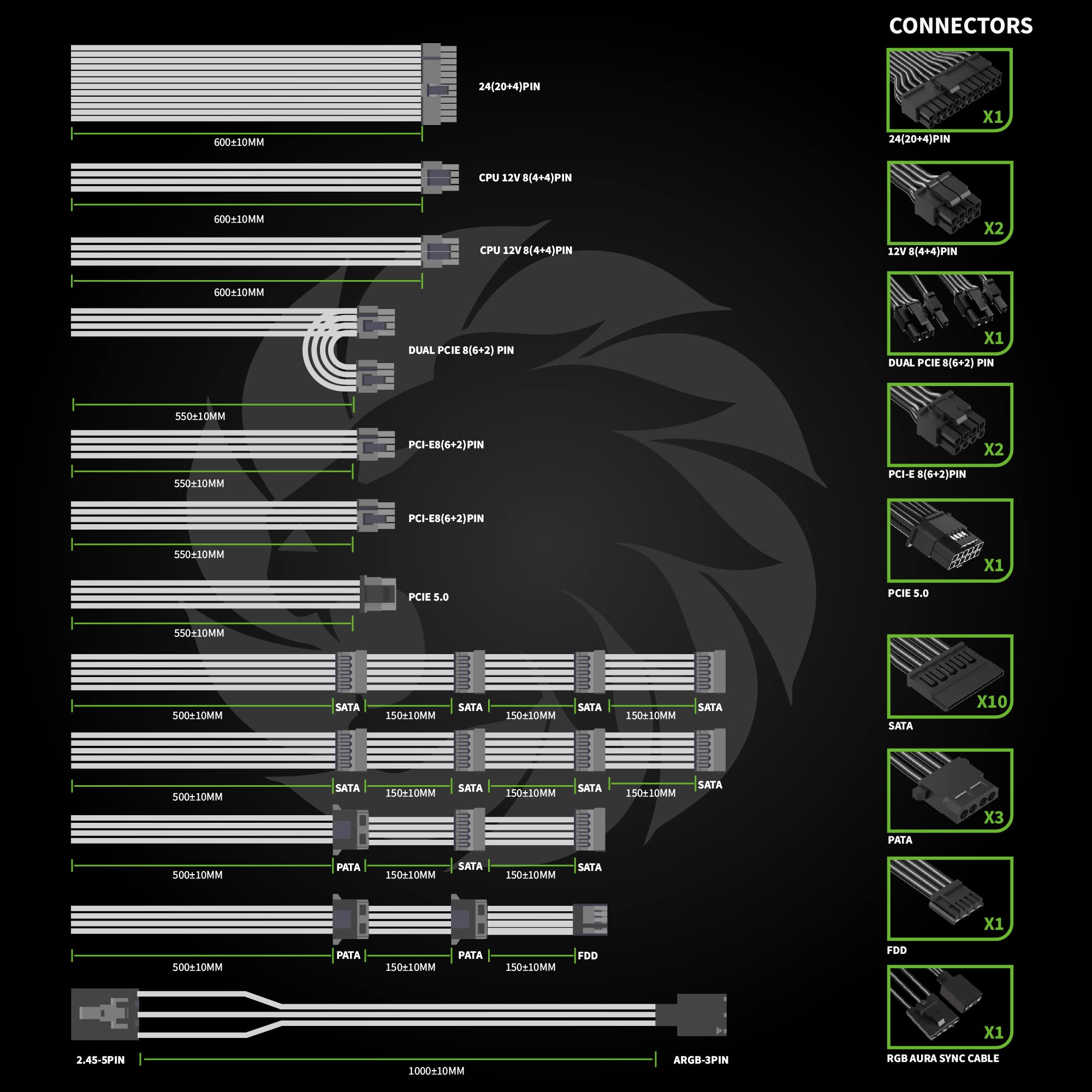 Gamemax 1050W Atx 3.0 & Pcie 5.0 Power Supply, 80+ Gold Certified, Addressable Rgb Sync, Fully Modular Atx Gaming Power Supply,
