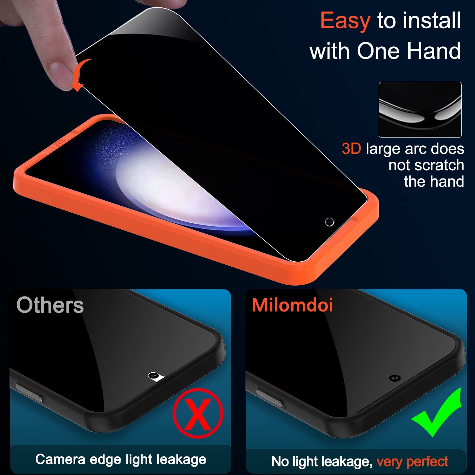 Milomdoi Privacy Screen Protector for Samsung Galaxy S23 Plus, 3 Pack Tempered Glass, Black-3, Case Friendly, 6.6 inch