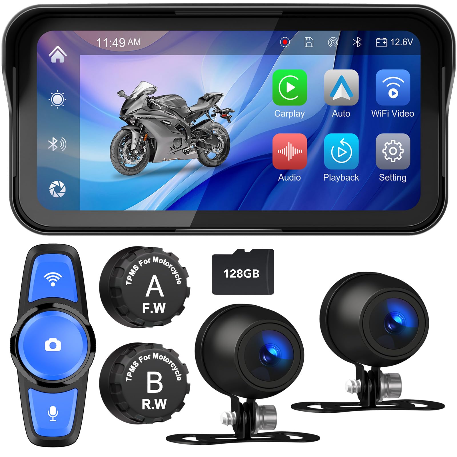 Tenbaba 6.25 Motorcycle CarPlay& Android Auto, Motorcycle Dash Cam, Motorbike TPMS, Motorbike GPS Navigation System, IP67 Waterp