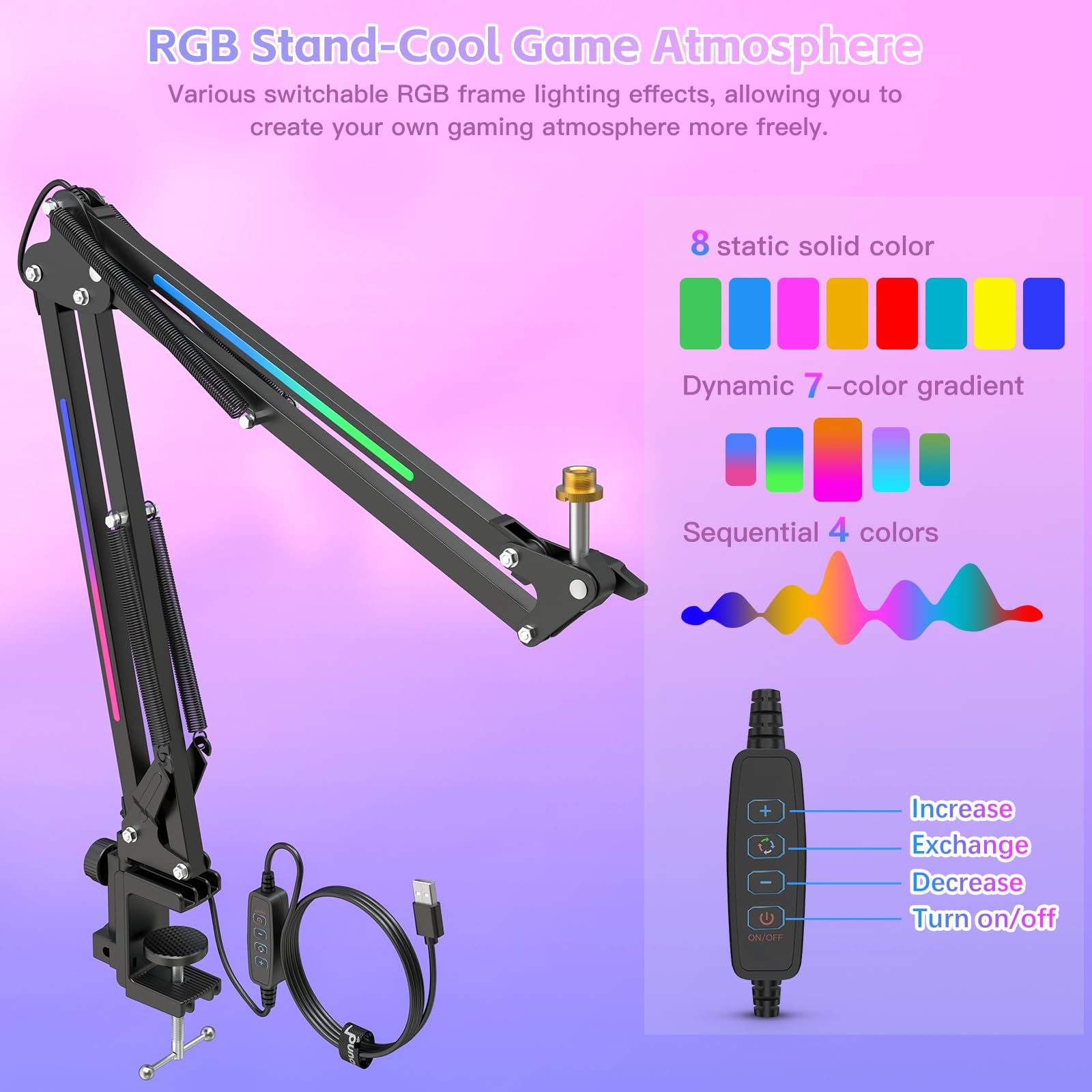Zealsound Rgb Microphone Arm Stand,Mic Arm With Rgb Light For Quadcast/Blue Yeti/Snowball/Shure Sm7B/Rode Nt1/Elgato,Rotatable S