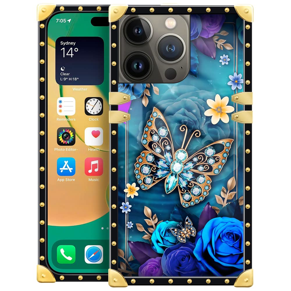 Pinsheng For Iphone 14 Pro Max Case,Blue Rose Butterfly Iphone 14 Pro Max Cases For Girls/Women,Surrounding Soft Tpu Luxury Eleg