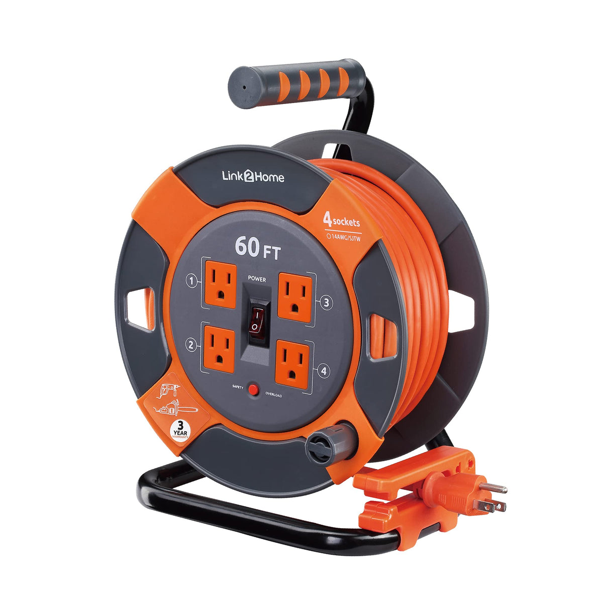 Link2Home Cord Reel 60 Ft. Extension Cord 4 Power Outlets - 14 Awg Sjtw Cable. Heavy Duty High Visibility Power Cord.