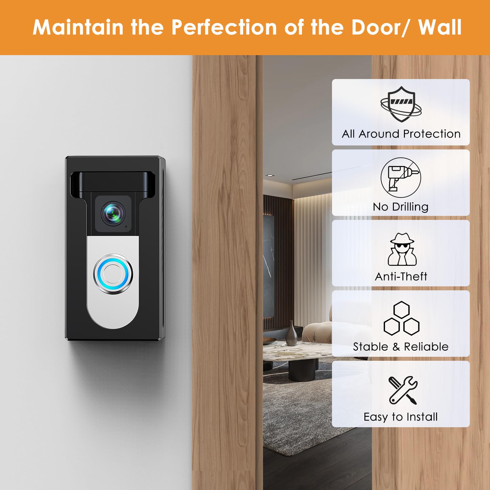 Qibox No Drill Adhesive Video Doorbell Mount Compatible With Ring/Blink Wireless Video Doorbell, Anti Theft Camera Doorbell Hold