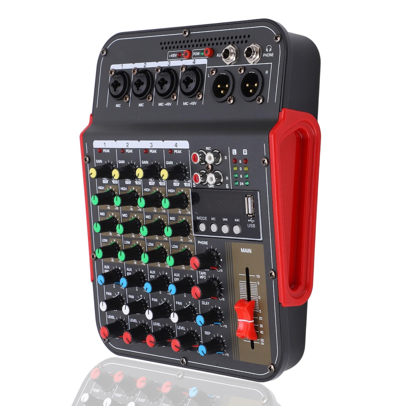 Jeanoko Audio Mixer Sound Mixing Console,Professional Mixing Console, 4 Channel Audio Mixer Controller Usb Input 3 Band Eq Metal