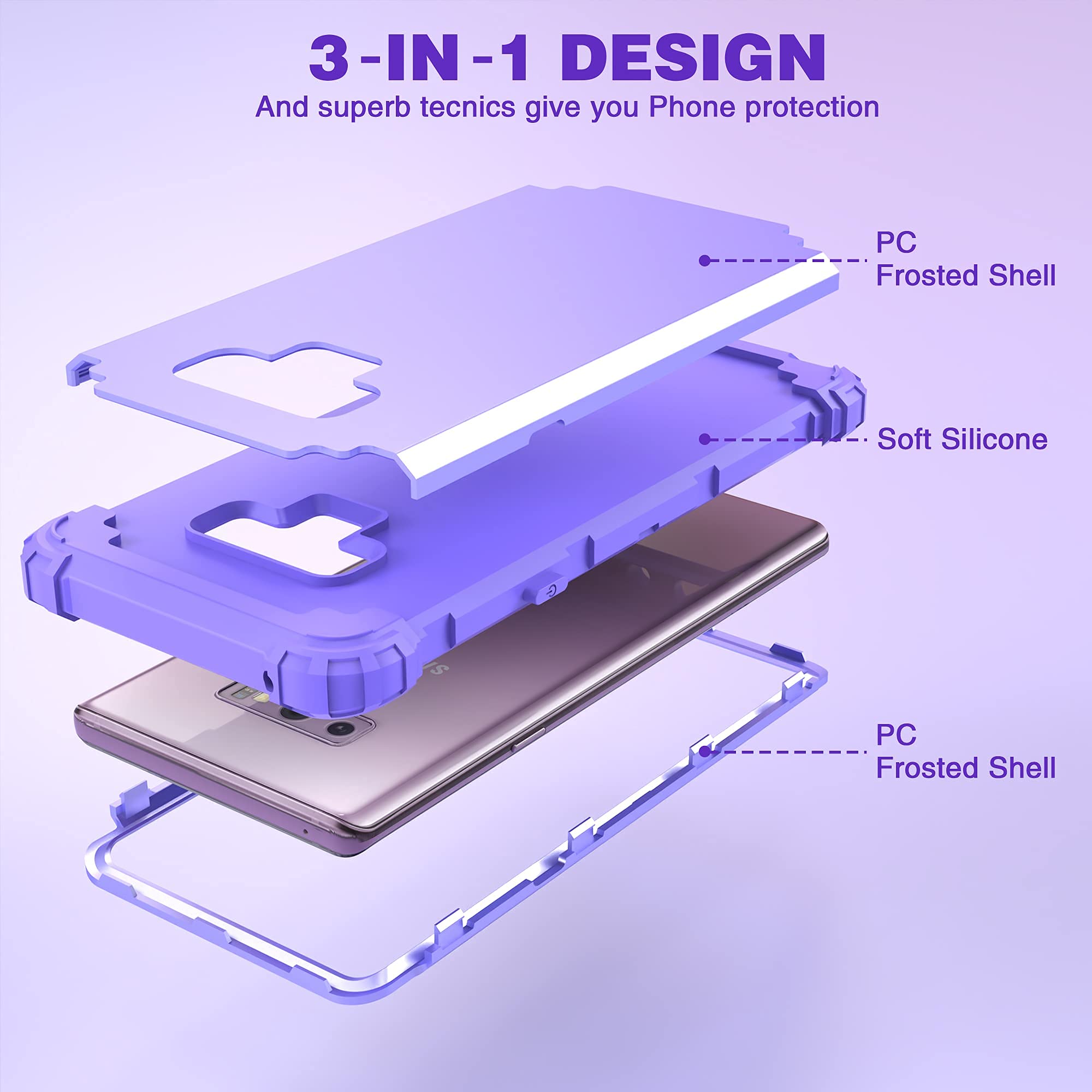 IDweel Samsung Galaxy Note 9 Case 3-in-1 Shockproof Hybrid Heavy Duty Protection Silicone PC Purple