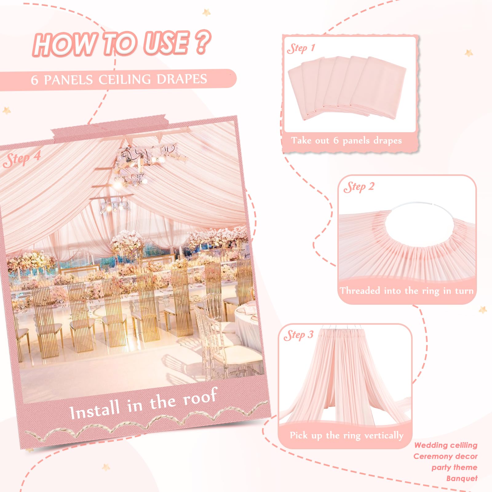 Chiffon Wedding Ceiling Drapes 6 Panels 5Ftx10Ft Light Peach Sheer Fabric Swag Drapes For Ceremony Reception Stage Arch Backdrop
