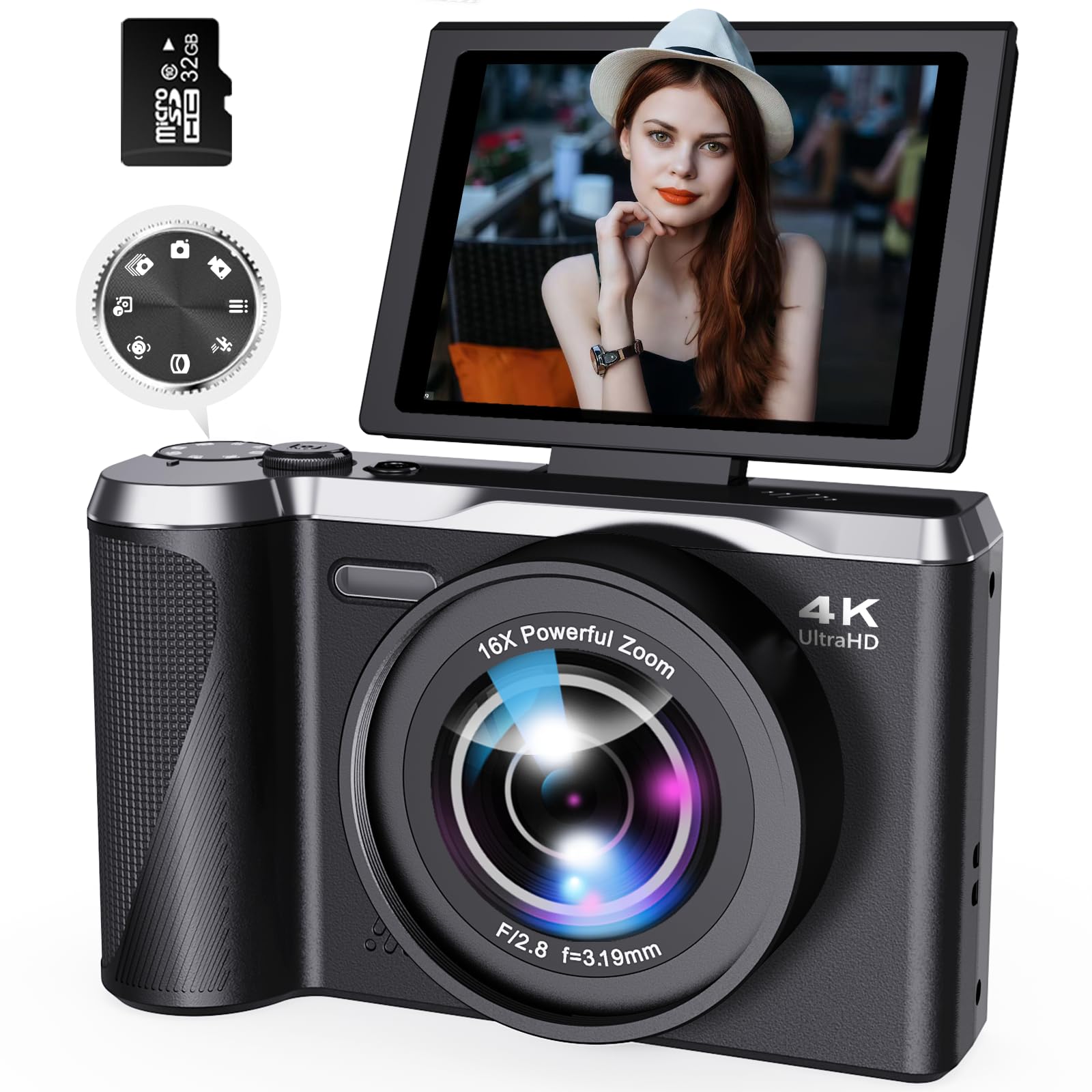 Digital Camera 4K for Photography and Video, 56MP Autofocus Vlogging Camera for YouTube, 3  180 Flip Screen & 16X Digital Zoom, 