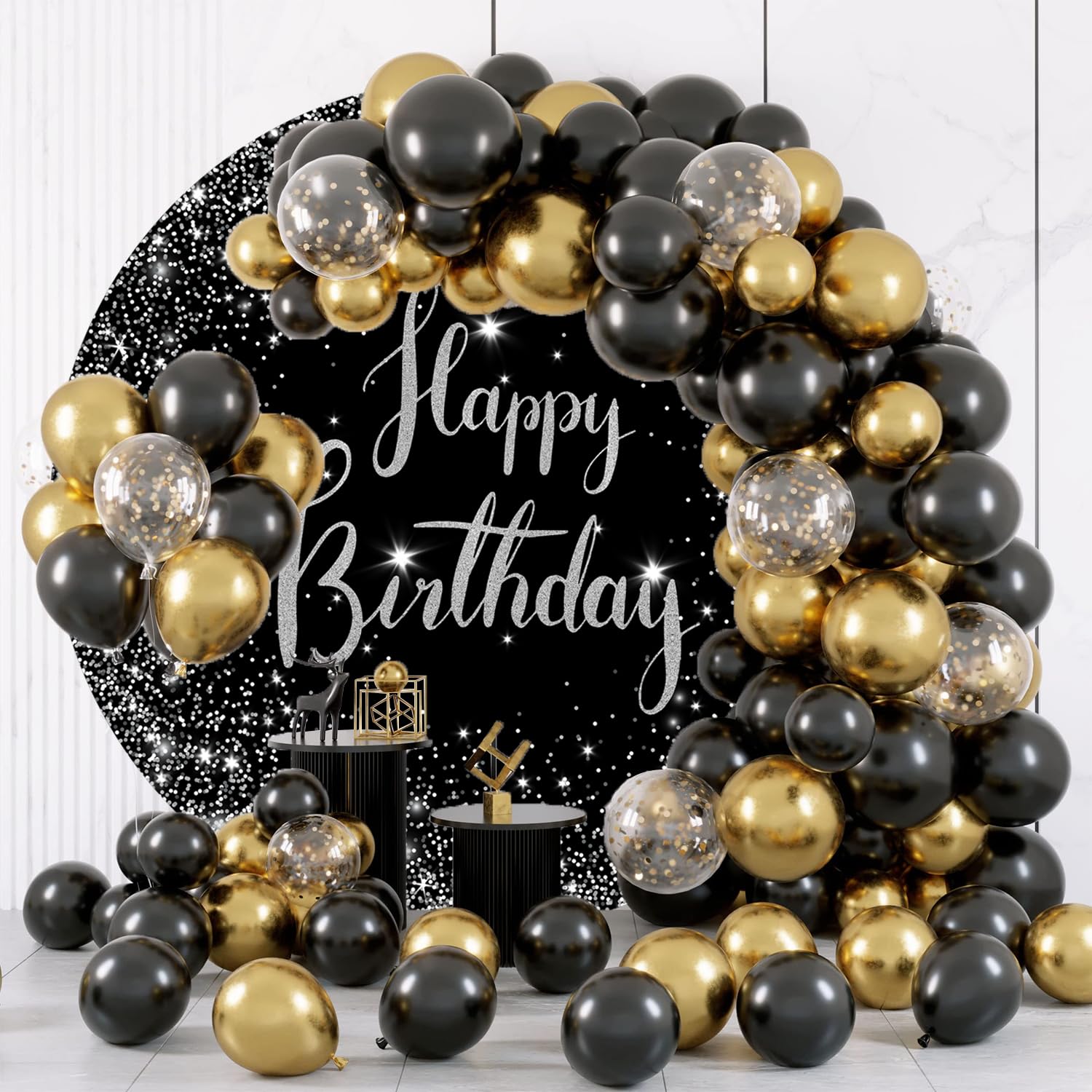 Jditngp 7.2Ft Happy Birthday Round Backdrop Cover Black And Silver Birthday Circle Photography Background Glittering Stars Diamo