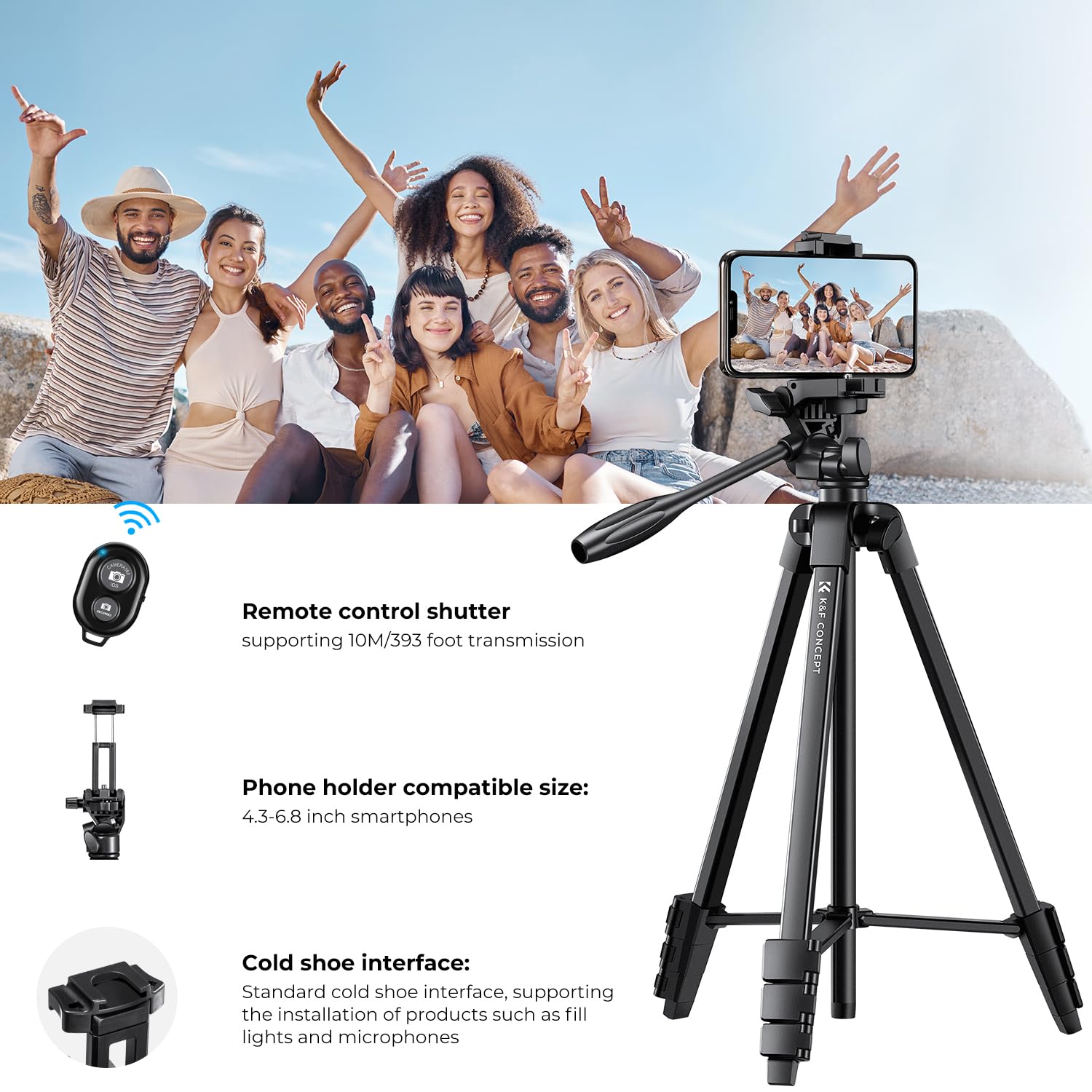 K&F Concept 60'' Camera Phone Tripod Stand, 1.34 Lbs Ultra Lightweight With Remote And Cellphone Holder, 360� Panorama, Cold Shoe Interface, Portable For Travel   B174A1