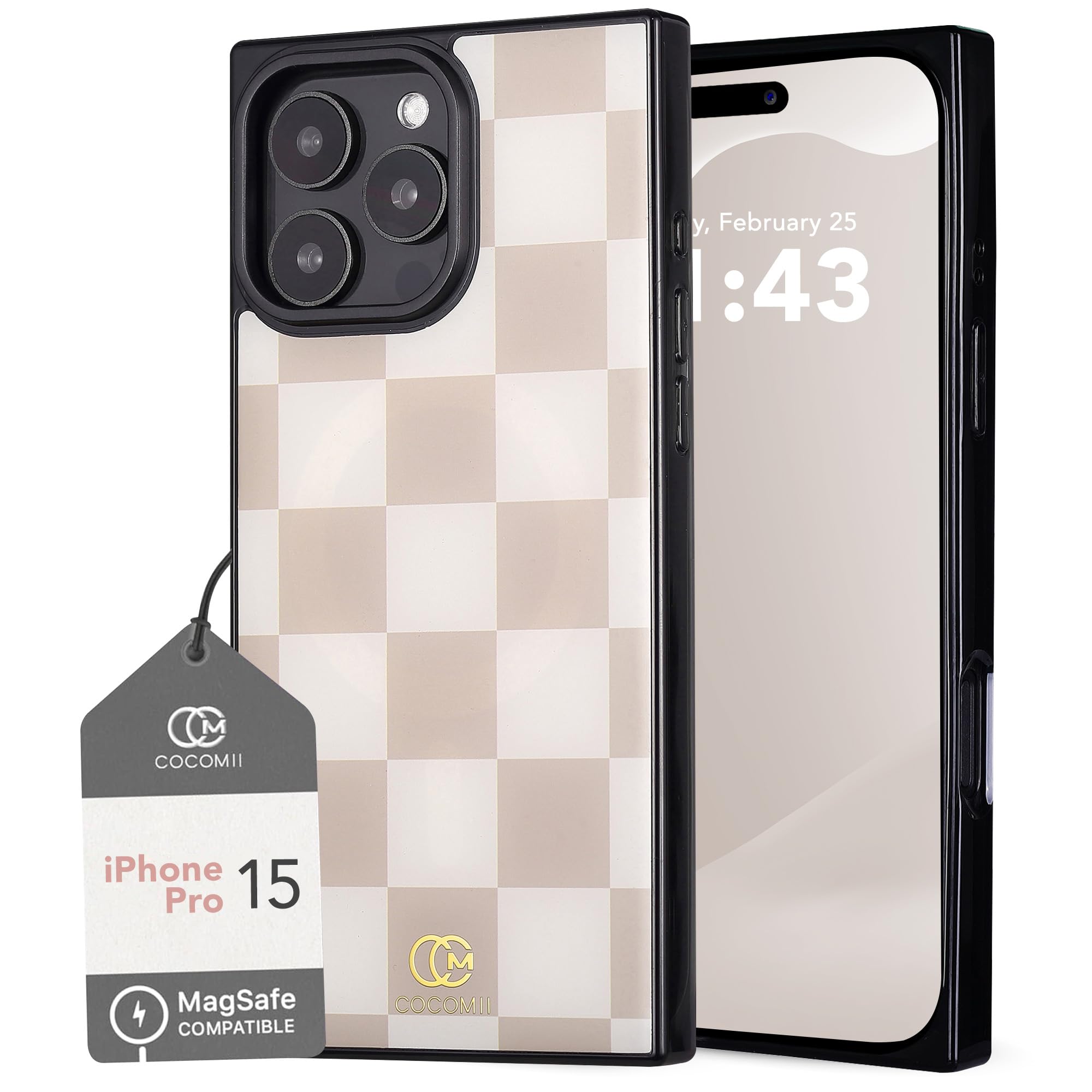 COCOMII Rectangle Case for iPhone 15 Pro, Compatible with MagSafe, Neutral Checkered