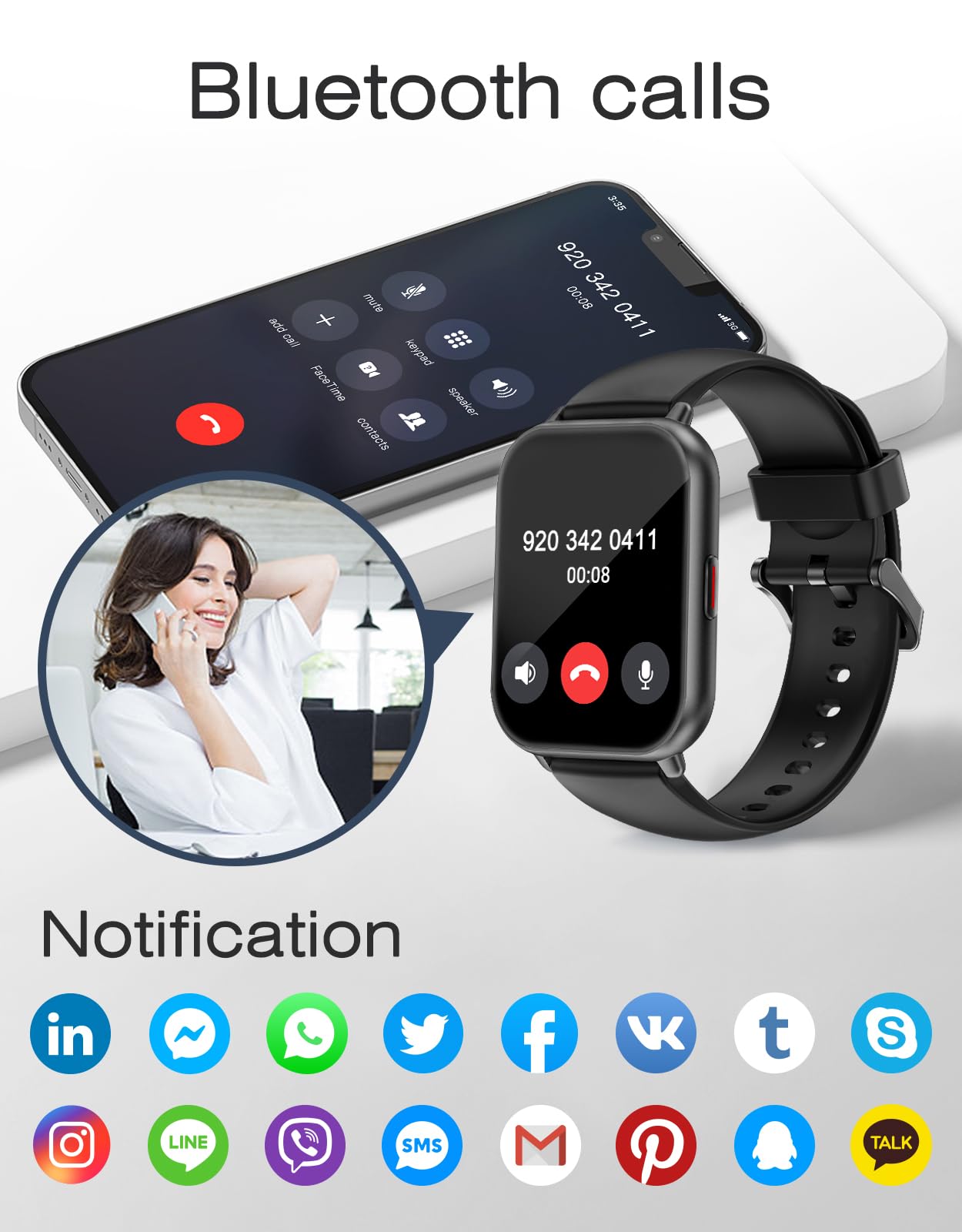 Smart Watches For Women Men (Answer/Make Calls, 3 Bands), 1.85 Fitness Tracker Watch For Iphone/Android Phones With Heart Rate M