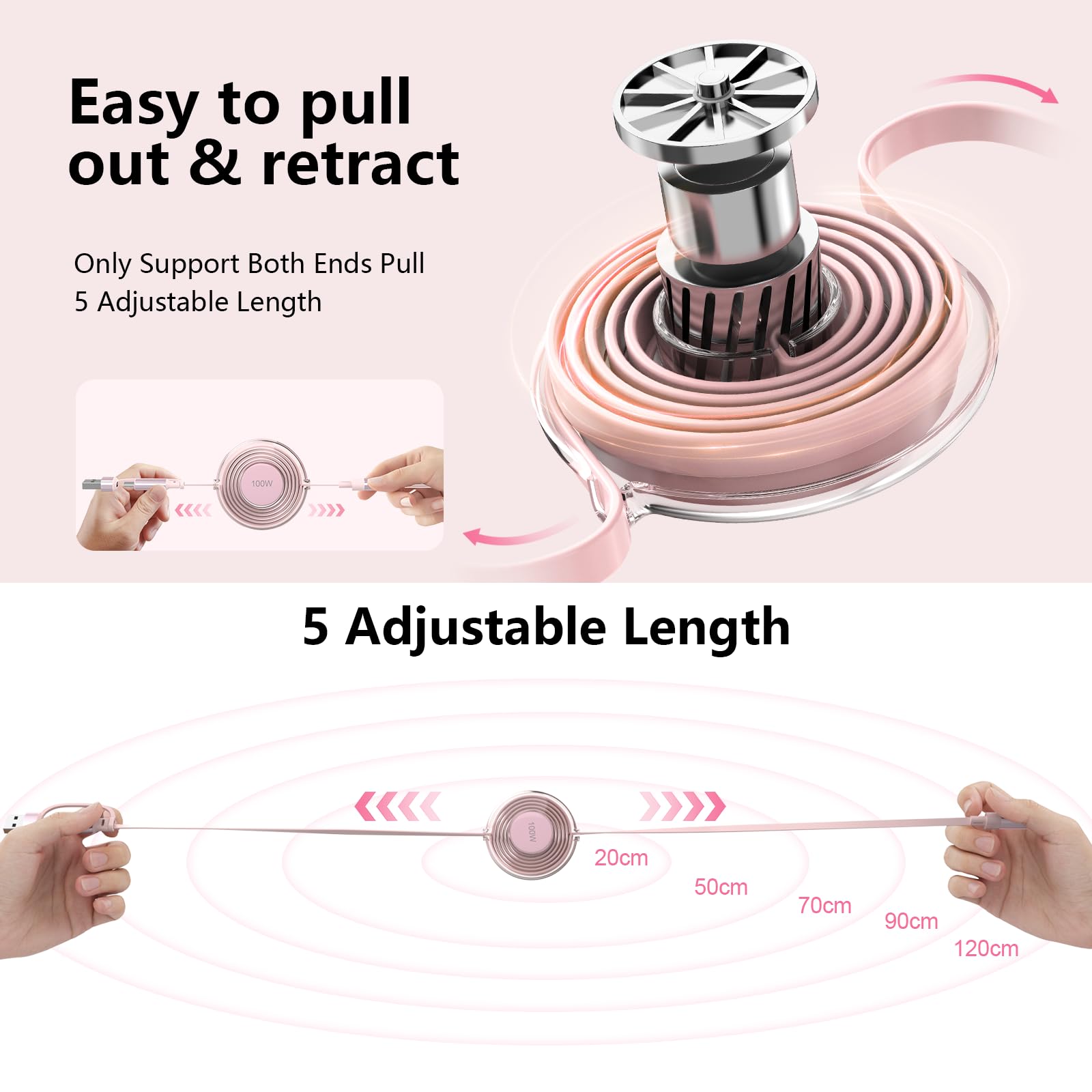 Usb C Retractable Multi 5 In 1 Usb A/Type C To Lightnning+Usb C+Micro Iphone Charging Cable,100W+27W+10W Pd Fast Multiple Charge