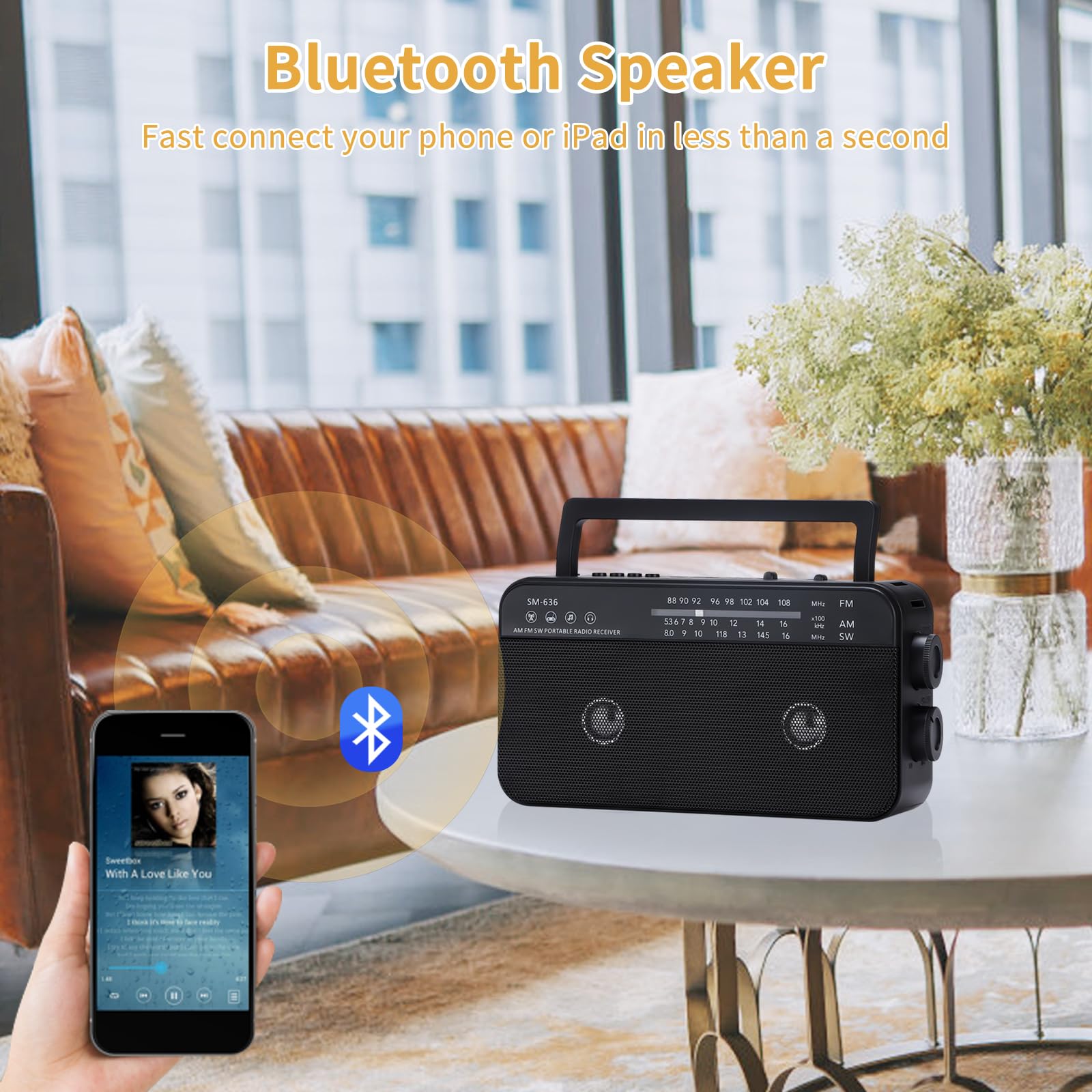 Semier Portable Am Fm Shortwave Radio With Bluetooth Speaker Plug In Wall, 3X D Cell Batteries Or Ac Power Transistor Radio With 2 Tone Mode, Double Loud Speakers, Support Aux/Usb/Tf Card Play