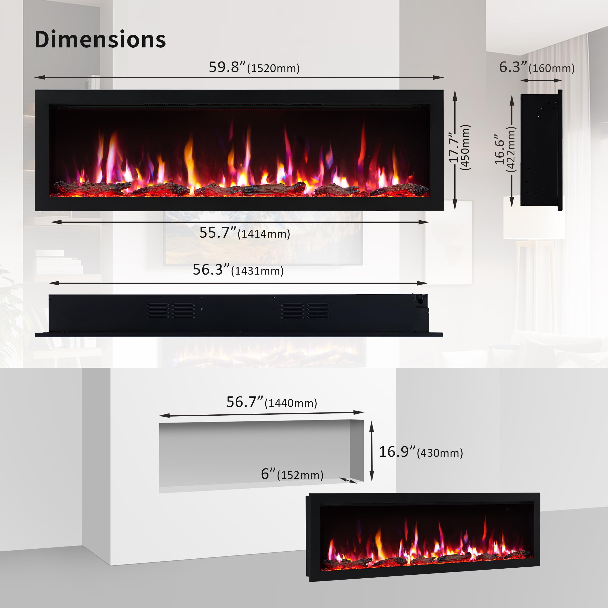 Puraflame Bernice 60 Inch Smart Linear Electric Fireplace   Clean Hidden Vent Design, Flame With 9 Colors, Recessed In Wall Or W