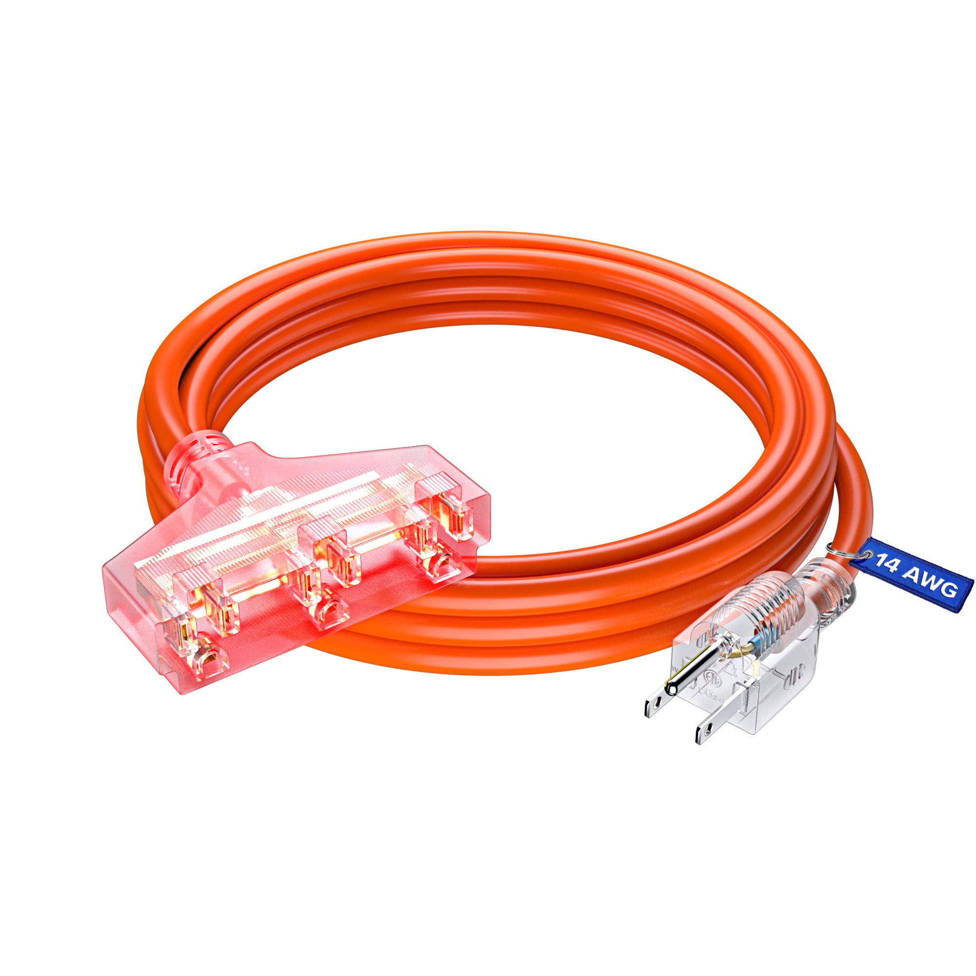 Extension Cord 10 Ft, Extension Cord With Multiple Outlets, Sjtw 14 Gauge (Orange) Etl Listed