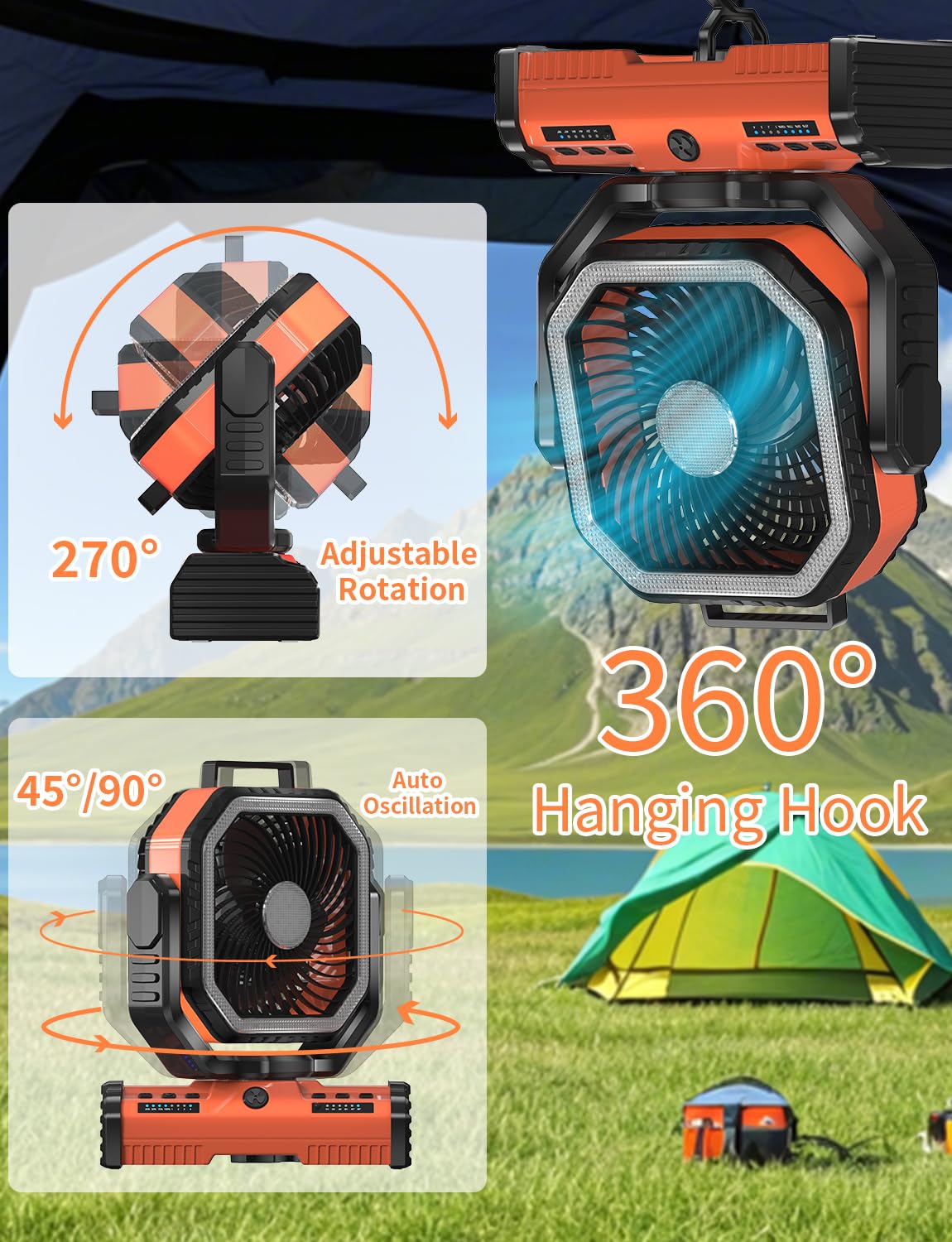 Eeifo 12 Inch Portable Camping Fan, 40000Mah Rechargeable Battery Powered Fan With 4 Speeds Wind And Led Light 140H, Cool & Warm