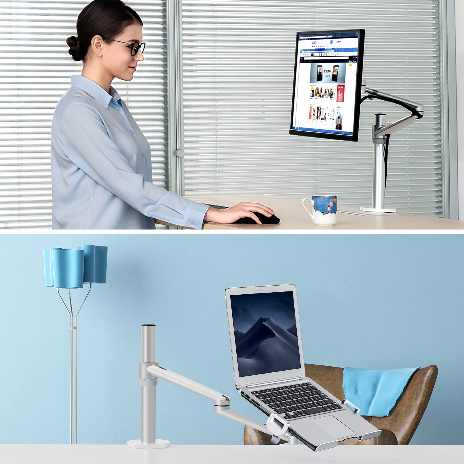 Viozon Laptop/Notebook/Projector Mount Stand,Height Adjustable Single Arm Mount Support 12 17 inch Laptop/Notebook/Tablet, Free Removable VESA 75X75 and 100X100 for Monitor 17 32 inch (Silver)