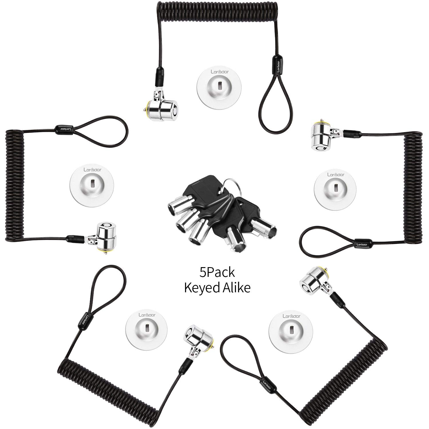 Loradar 5Pack Single Package Keyed Alike Security Hardware Cable Lock Kit Laptop Lock 5Keys 6.2Ft For Monitors, Laptops, Macbook