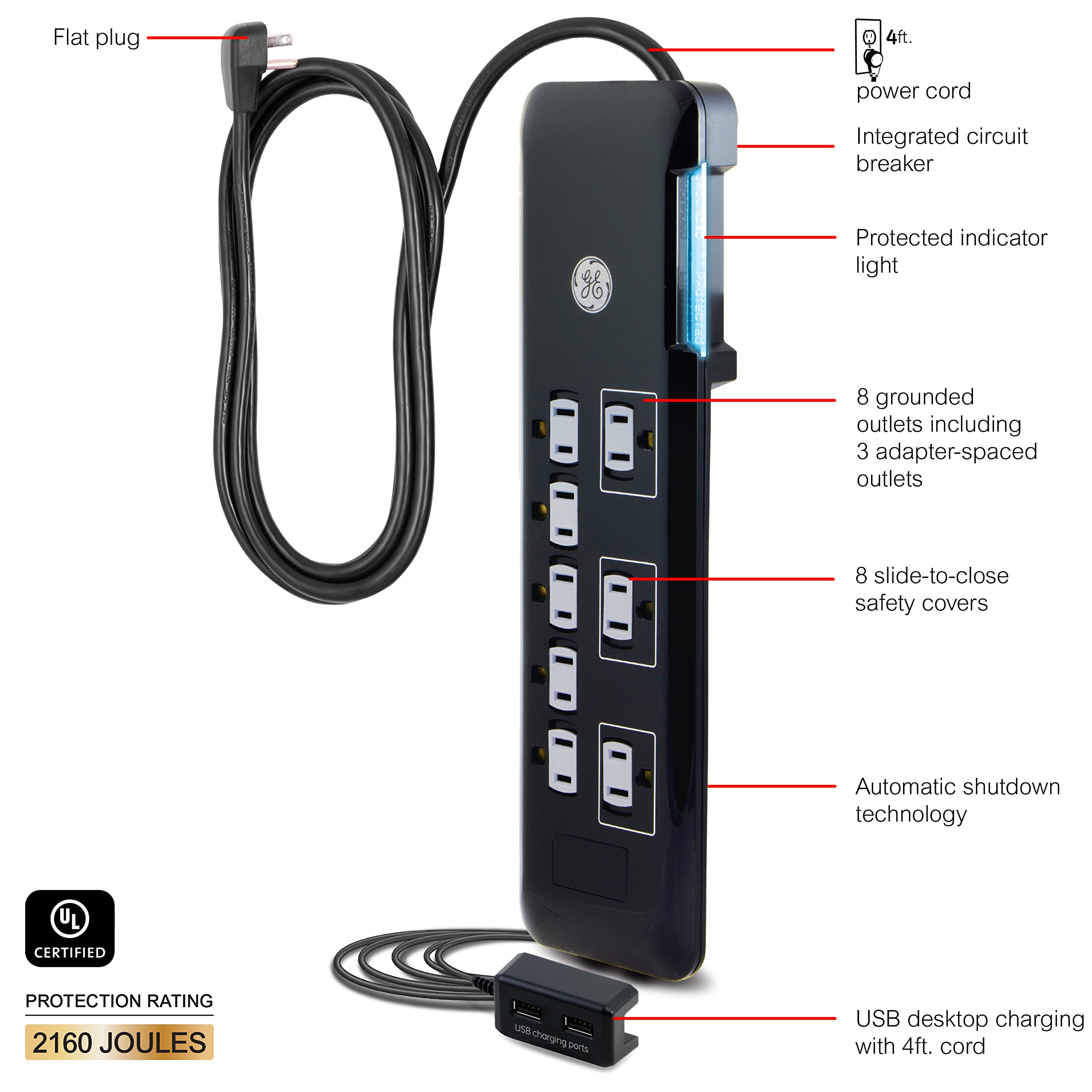 Ge Ultrapro 8 Outlet Surge Protector, Tethered 2 Usb Ports, 4 Ft Power Cord, 2169 Joules, Flat Plug, Power Filter, Circuit Break