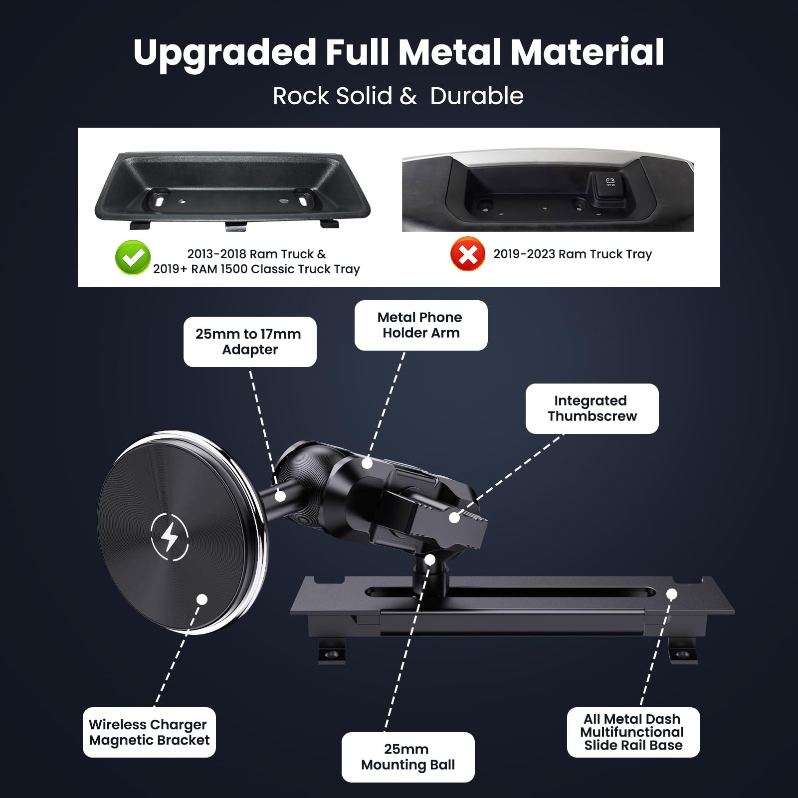Kaishengyuan Magnetic Phone Mount With Wireless Charging For Ram Truck 2013-2018, Dash Mount Cell Phone Holder Compatible With R