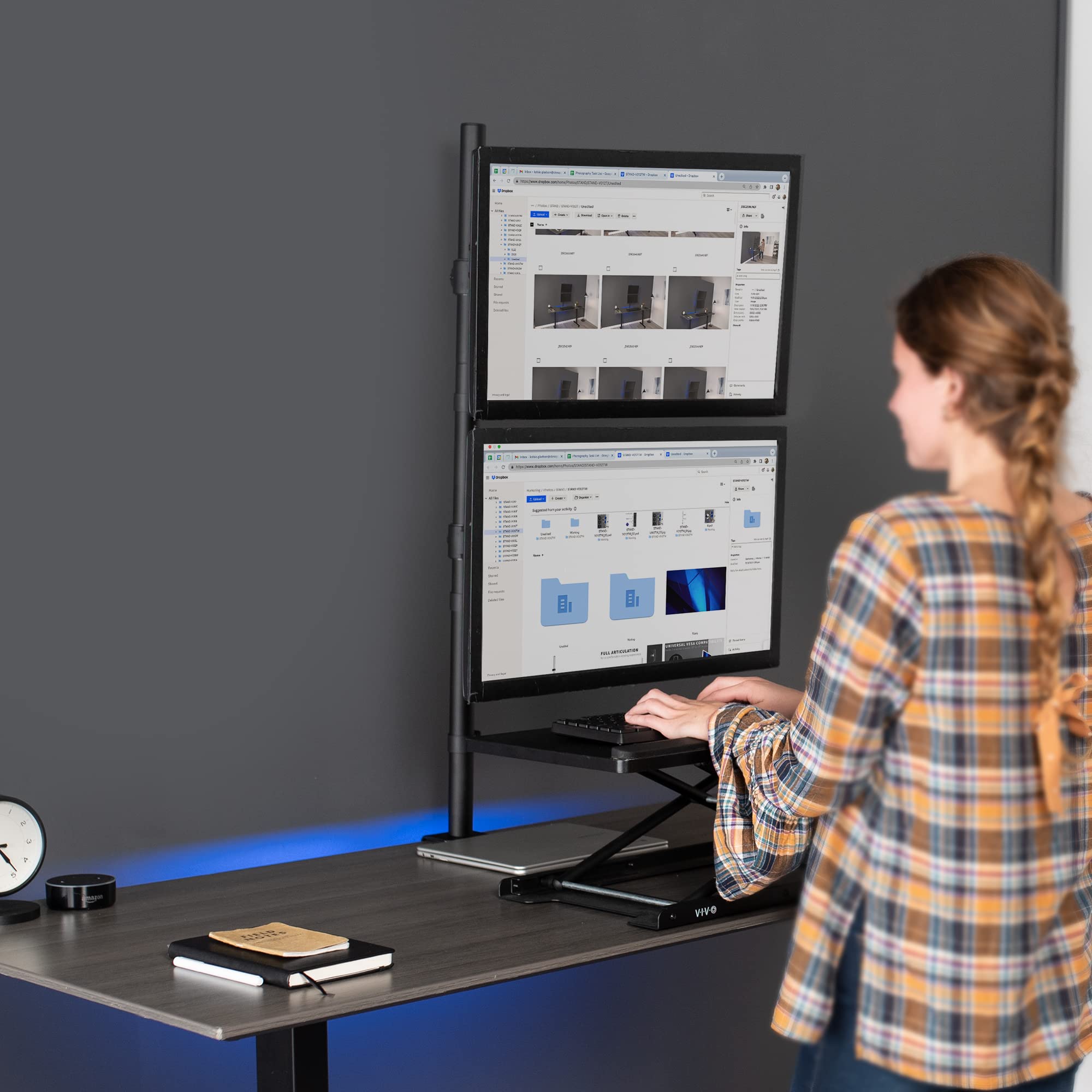 VIVO Extra Tall Vertically Stacked Dual Monitor Desk Mount Stand with 99 cm Stand up Pole, Fully Adjustable Extended Arms, Fits 2 Screens up to 27 inches, STAND V012T
