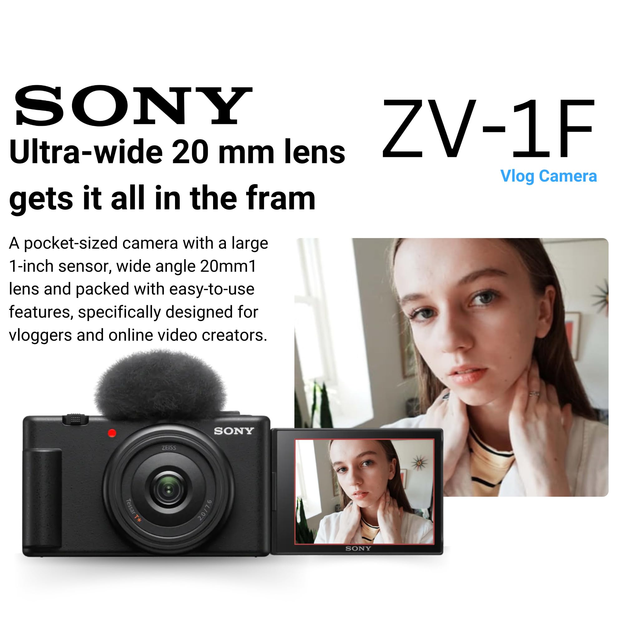 Sony Zv-1F Vlog Camera For Content Creators And Vloggers (Black) Bundle With Accvc1 Vlogger Accessory Kit, Holster Camera Case,
