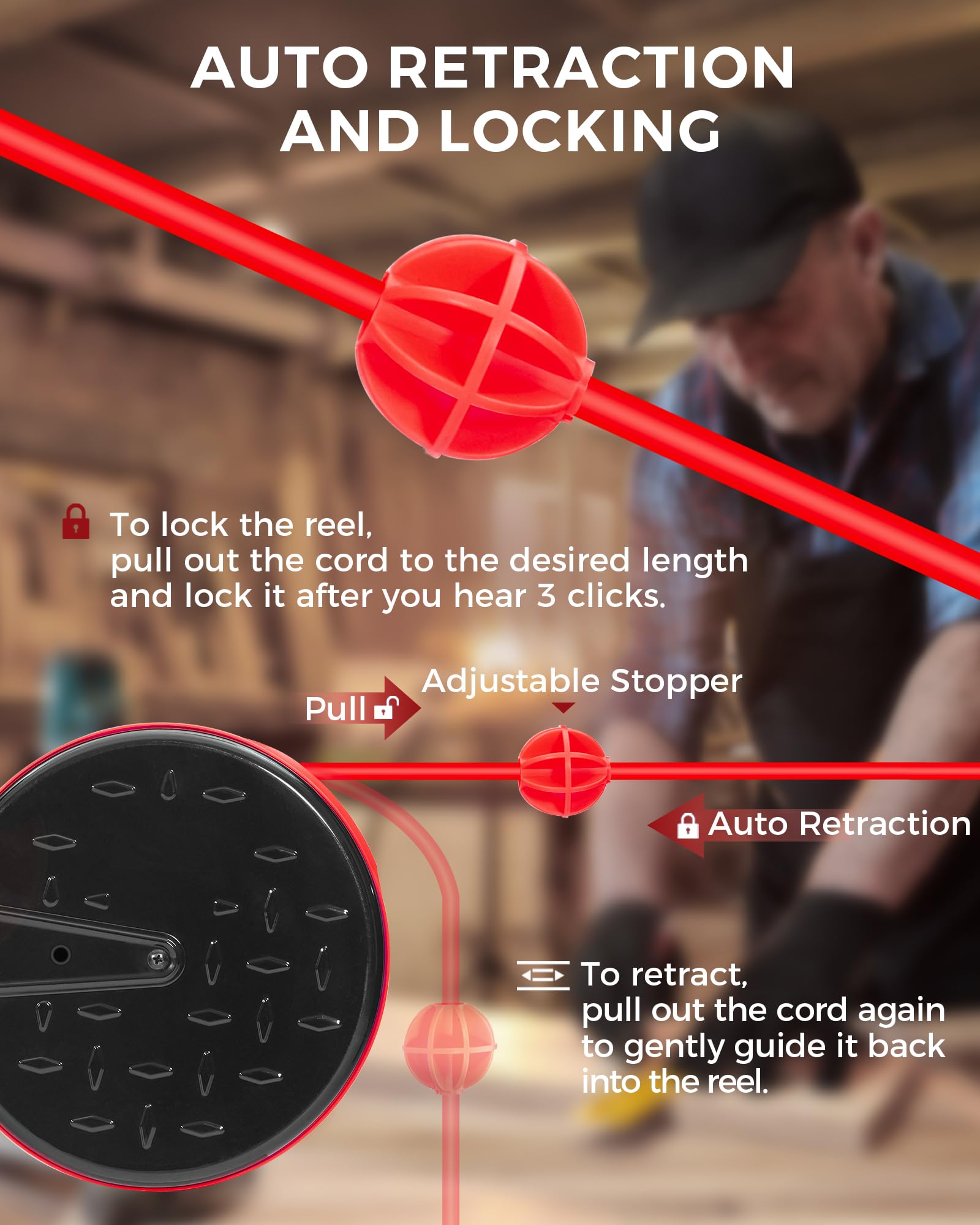 Wilawels 30 Ft Retractable Extension Cord Reel, 16/3 Gauge Sjtw Power Cord With 3 Electrical Outlets Pigtail For Garage And Shop