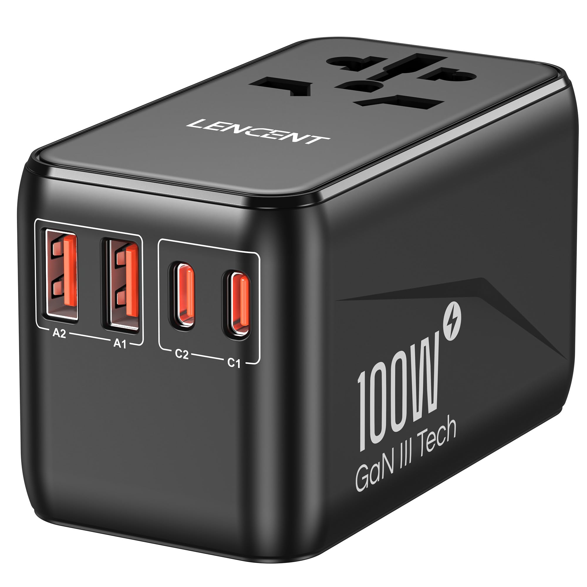 Lencent Universal Travel Adapter, 100W Gan3 International Adaptor With 2 Qc4.0 Usb A+2 Pd3.0 Type C Pps Fast Charging, Worldwide