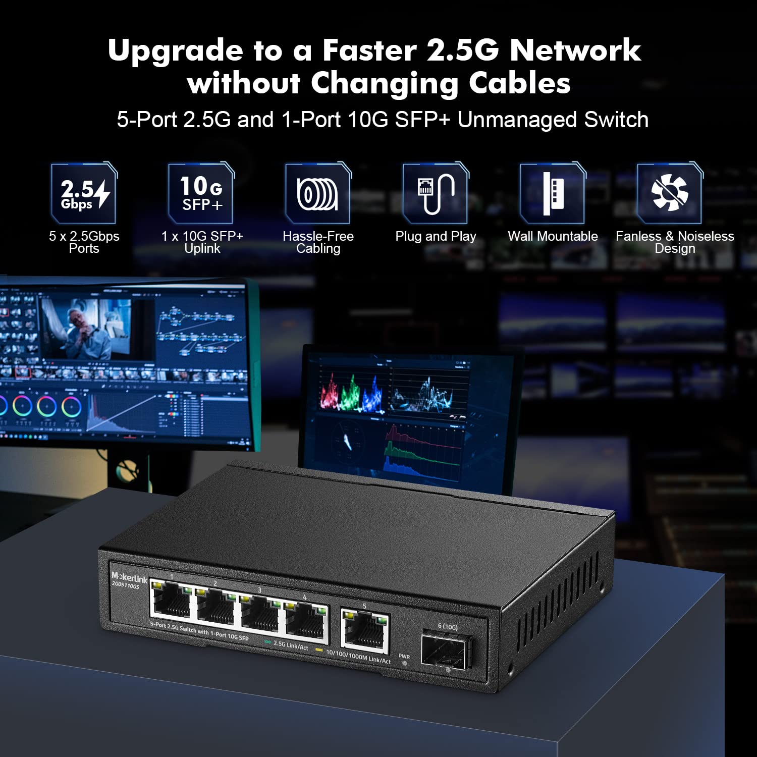 Mokerlink 5 Port 2.5G Ethernet Switch With 10G Sfp, 5 X 2.5G Base T Ports Compatible With 10/100/1000Mbps, Metal Unmanaged Fanle