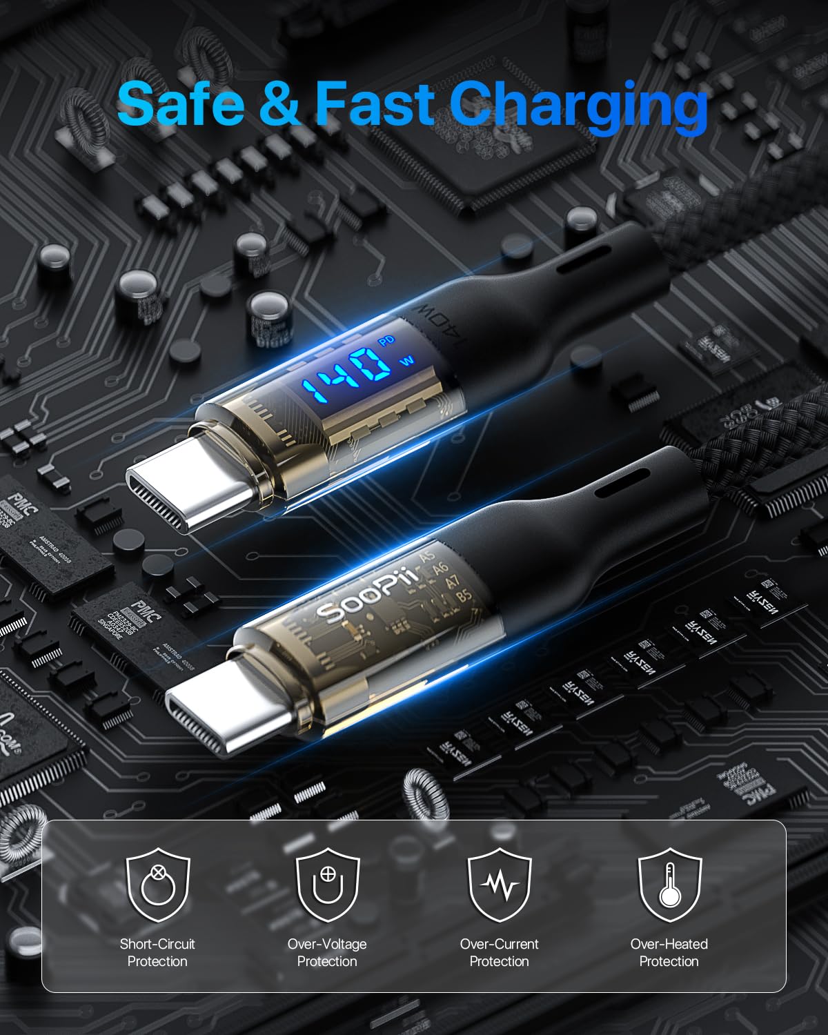 Soopii Usb C To Usb C Cable [140W 4Ft],Fast Charging Usb C Cable With Led Display For Macbook Pro,Lphone15/15Pro/15Promax,Galaxy