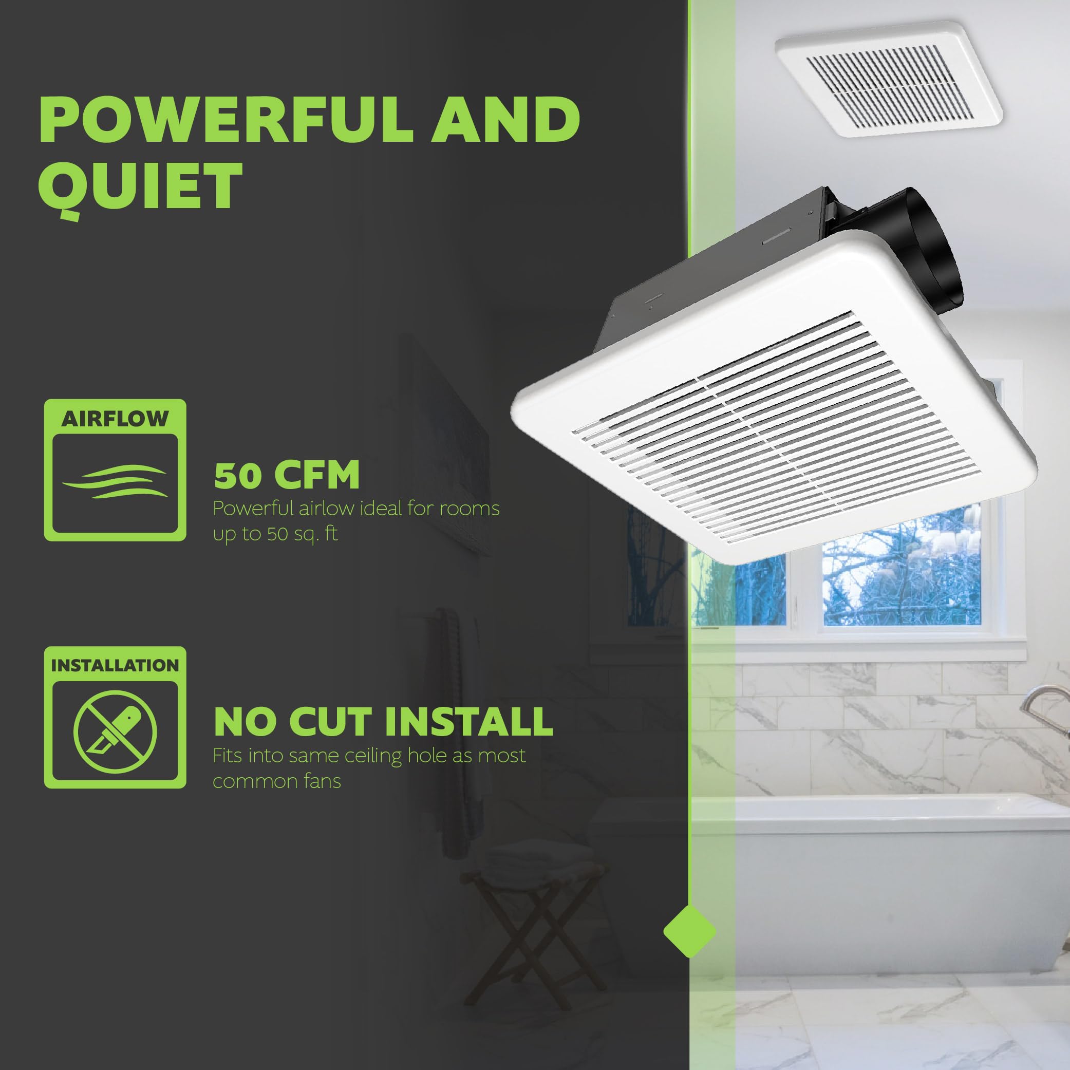 Homewerks 7114 02 Hw Dc Bathroom Fan 50 Cfm 1.0 Sone White Ventilation Fan, Energy Star Qualified With 3 Inch Duct For 2X4 Const