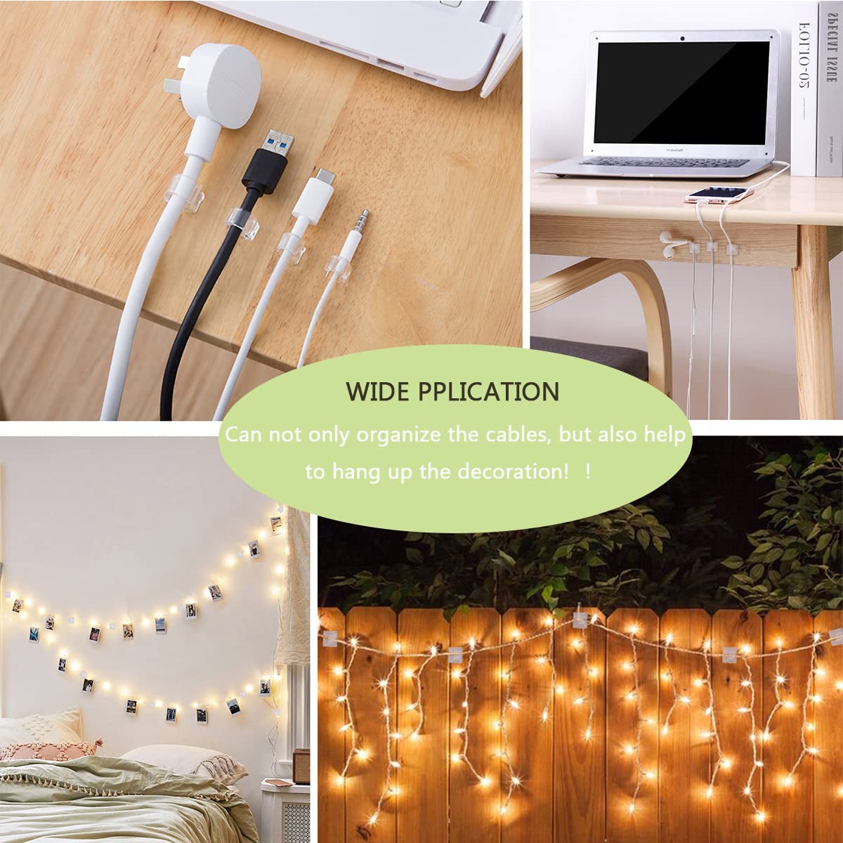 60Pcs Cable Clips, Kgrote Extension Cord Clips Outdoor Light Wire Clips Adhesive Cable Hooks Wire Organizer Holder For Desk, Wal