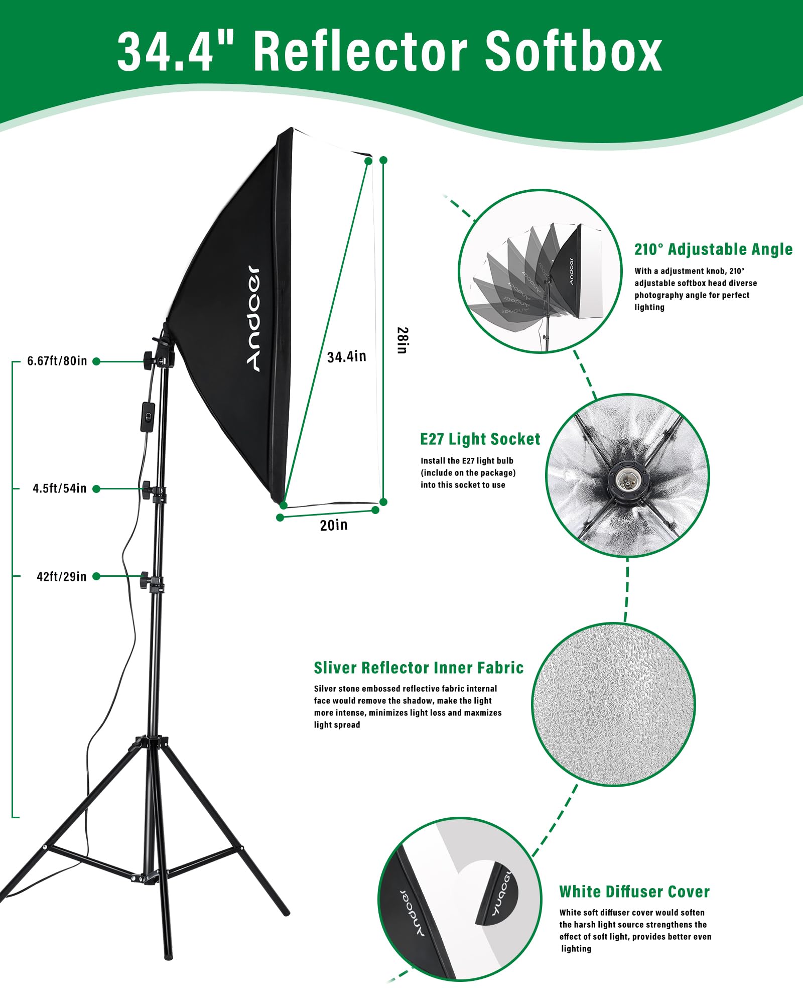 Andoer Professional Softbox Photography Studio Lighting Kit With 3 Color Backdrops, 6.5*10Ft Backdrop Stands, Photography Umbrel