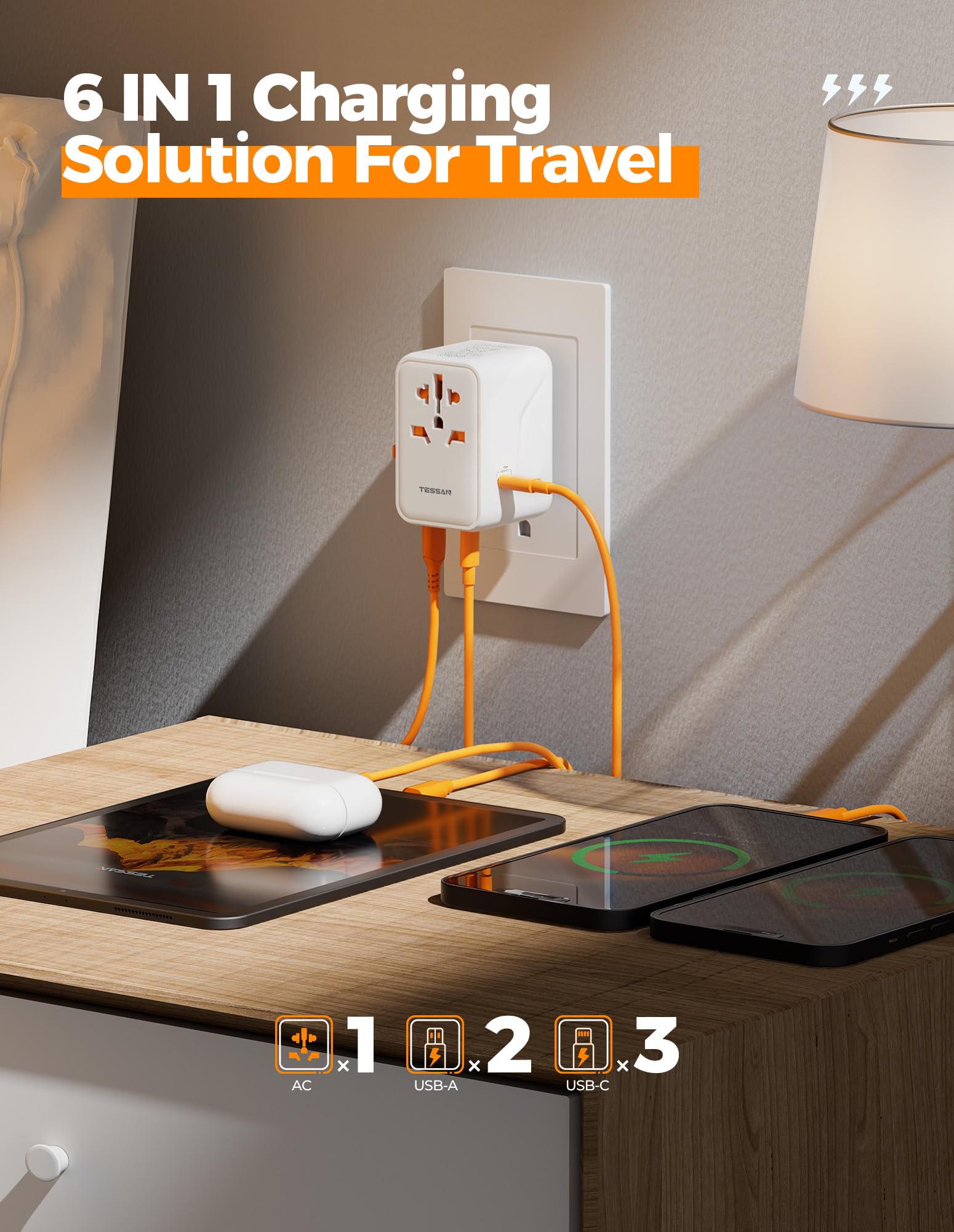 100W Gan Universal Travel Adapter, Tessan International Power Adapter With 5 Usb(3 Usb C) Charging Ports, Travel Adapter Worldwi