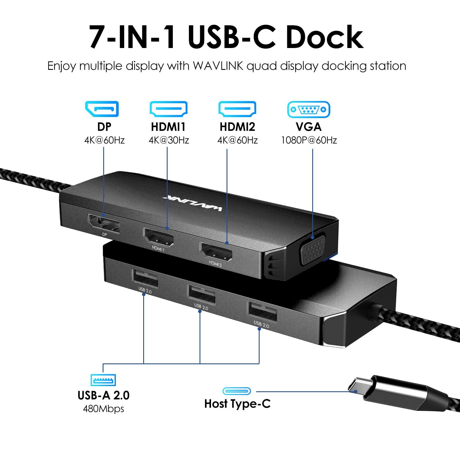 Wavlink Usb C Docking Station For Macbook Dell Xps 13/15, Lenovo Yoga, Hp Laptops, Usb C To Dual Hdmi Monitors For Windows, Usb C Hub Adapter With Dual Hdmi, Displayport, Vga, 3 Usb 2.0 Ports, Black
