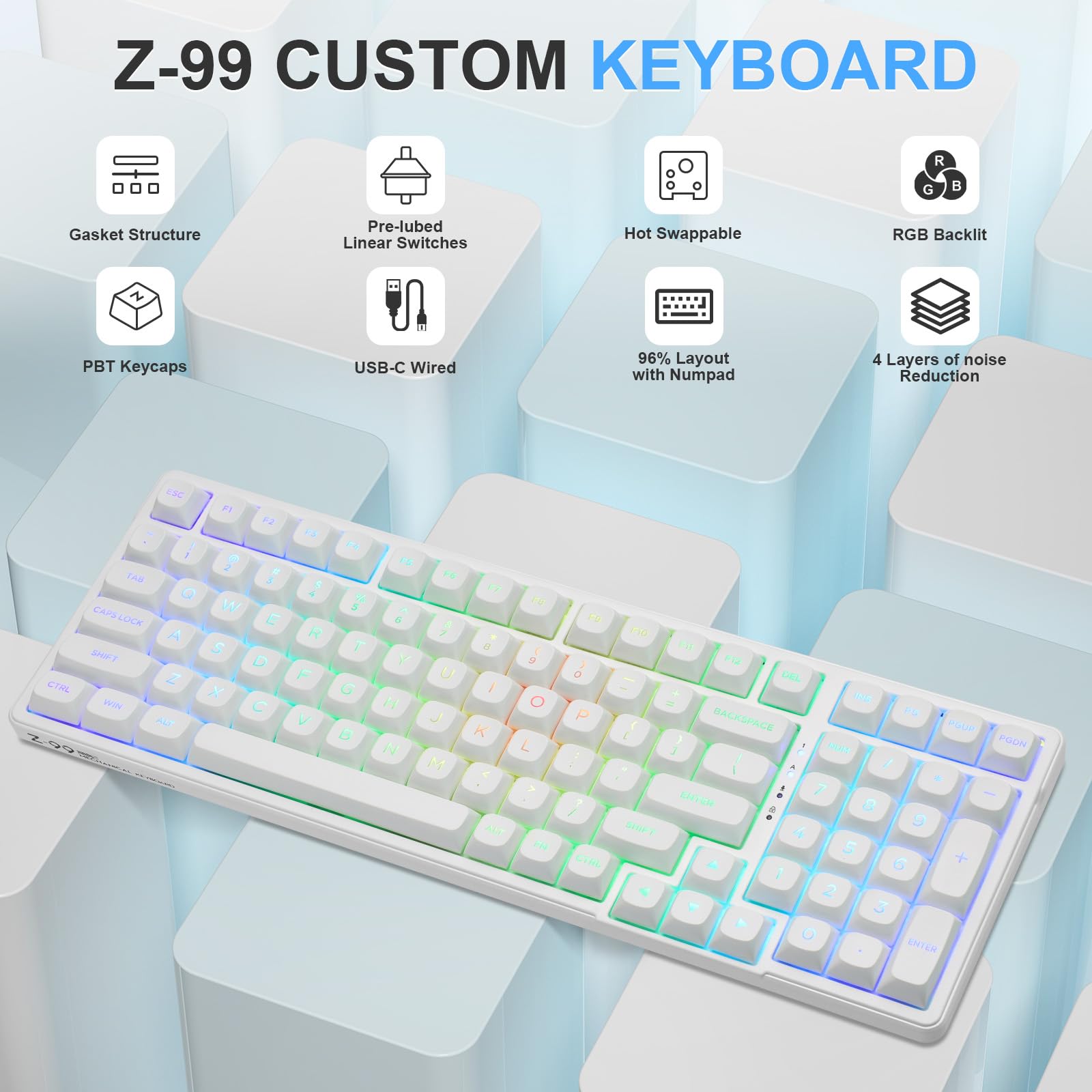 Huo Ji E Yooso Creamy Mechanical Keyboard Wired, Hot Swappable, Pre Lubed Linear Switches, Gasket Structure With Sound Dampening Foam, Rgb Backlit, 99 Keys Custom Gaming Keyboard For Pc/Mac,White