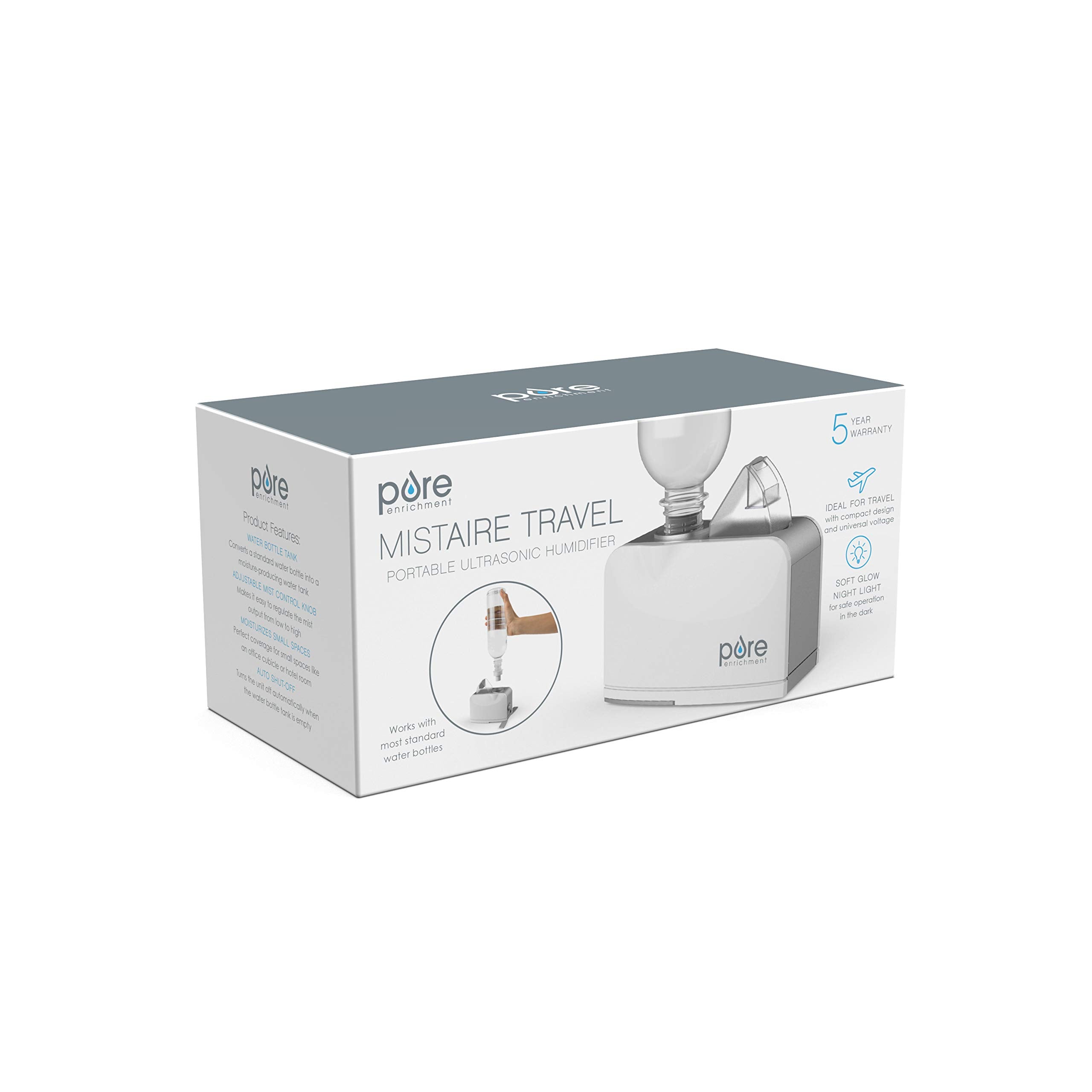 Pure Enrichment MistAire Travel Ultrasonic Cool Mist Humidifier, 1.1 lb, White, Model PEHUMINI-2, Portable with Auto Shut-Off & Mood Light
