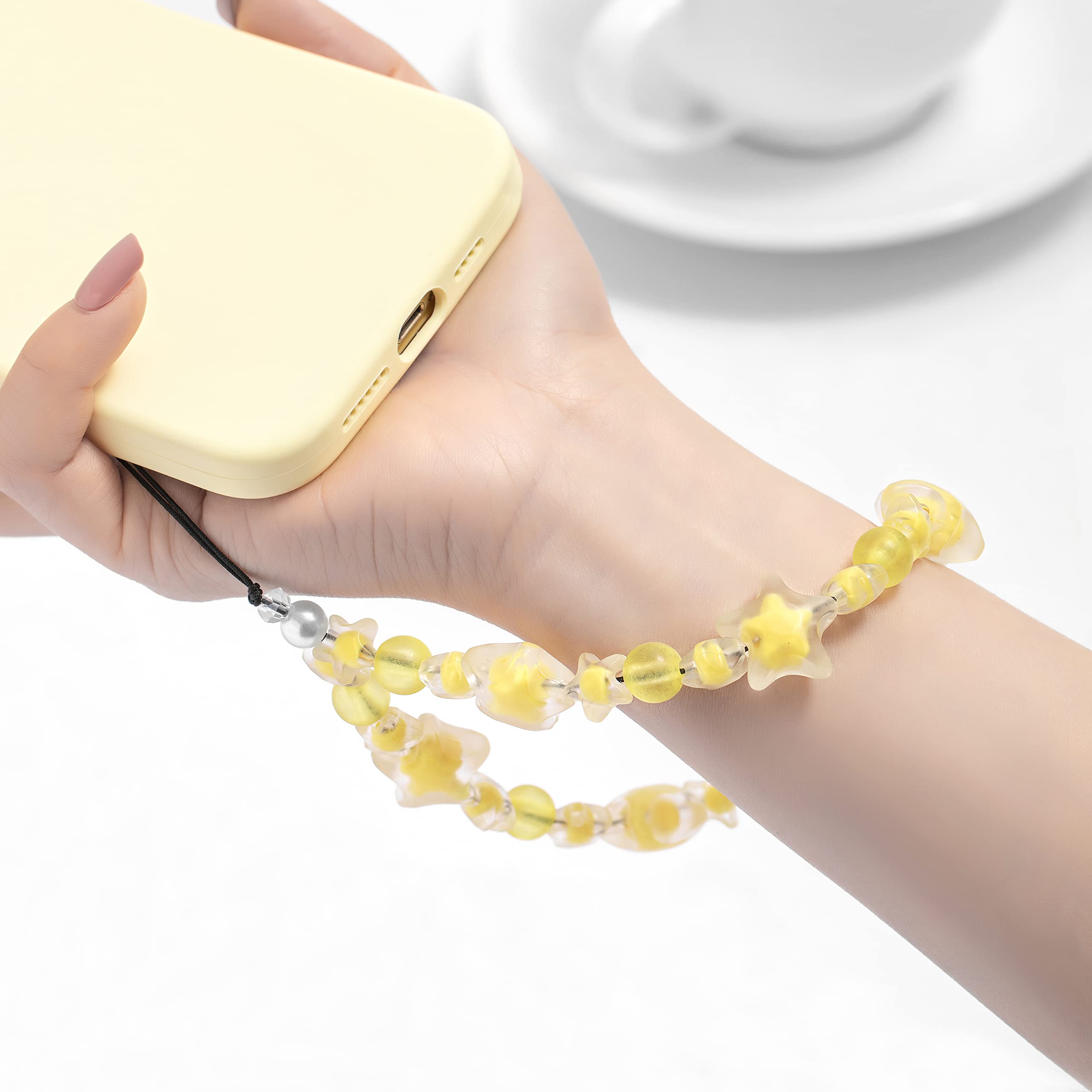Fechdoo Bracelet Wrist Strap Women Phone Chain, Phone Charms Handmade Beaded Lanyard Chain, Phone Charm Accessories Yellow Star