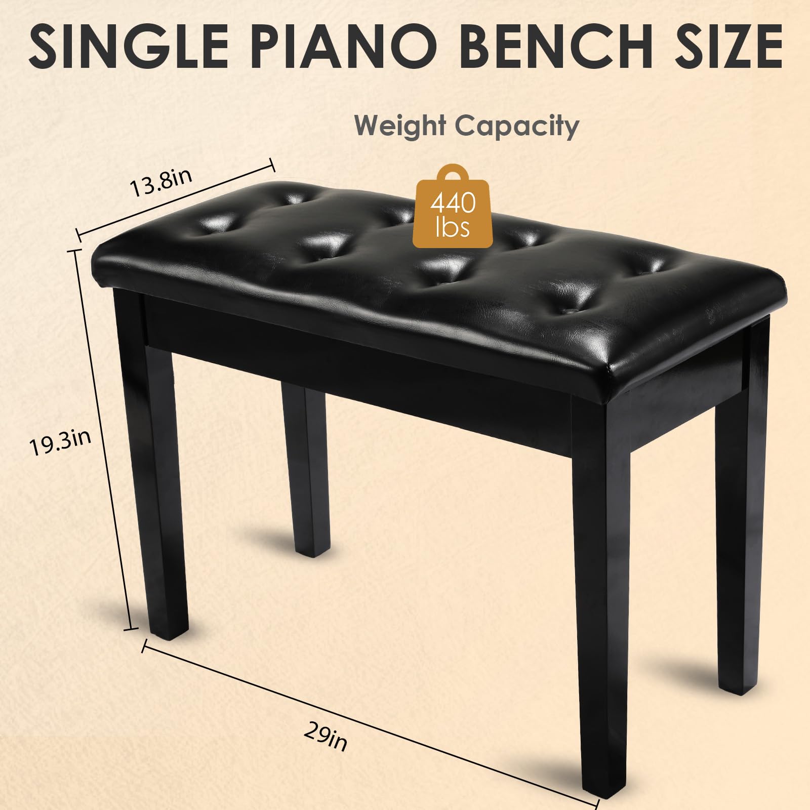 Liferun Black Wooden Duet Piano Bench With Storage, Padded Faux Leather Cushion Seat Piano Stool, Storage Compartment For Music