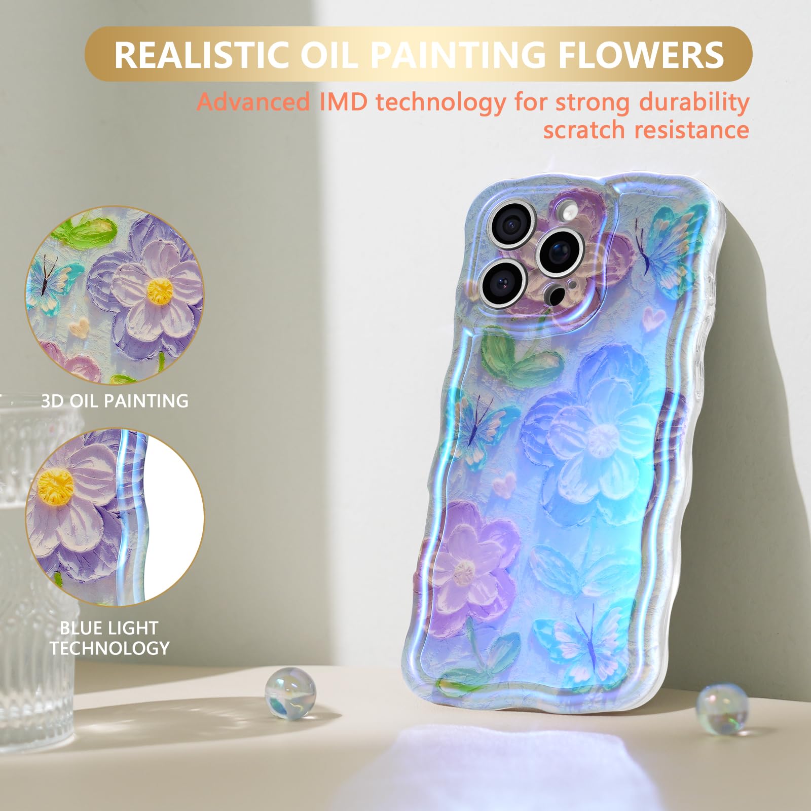 Sheheme For Iphone 13 Pro Max Case [With 9H Screen Protectors] Wave Bumper Colorful Oil Painting Flowers Print Blue Glossy Soft