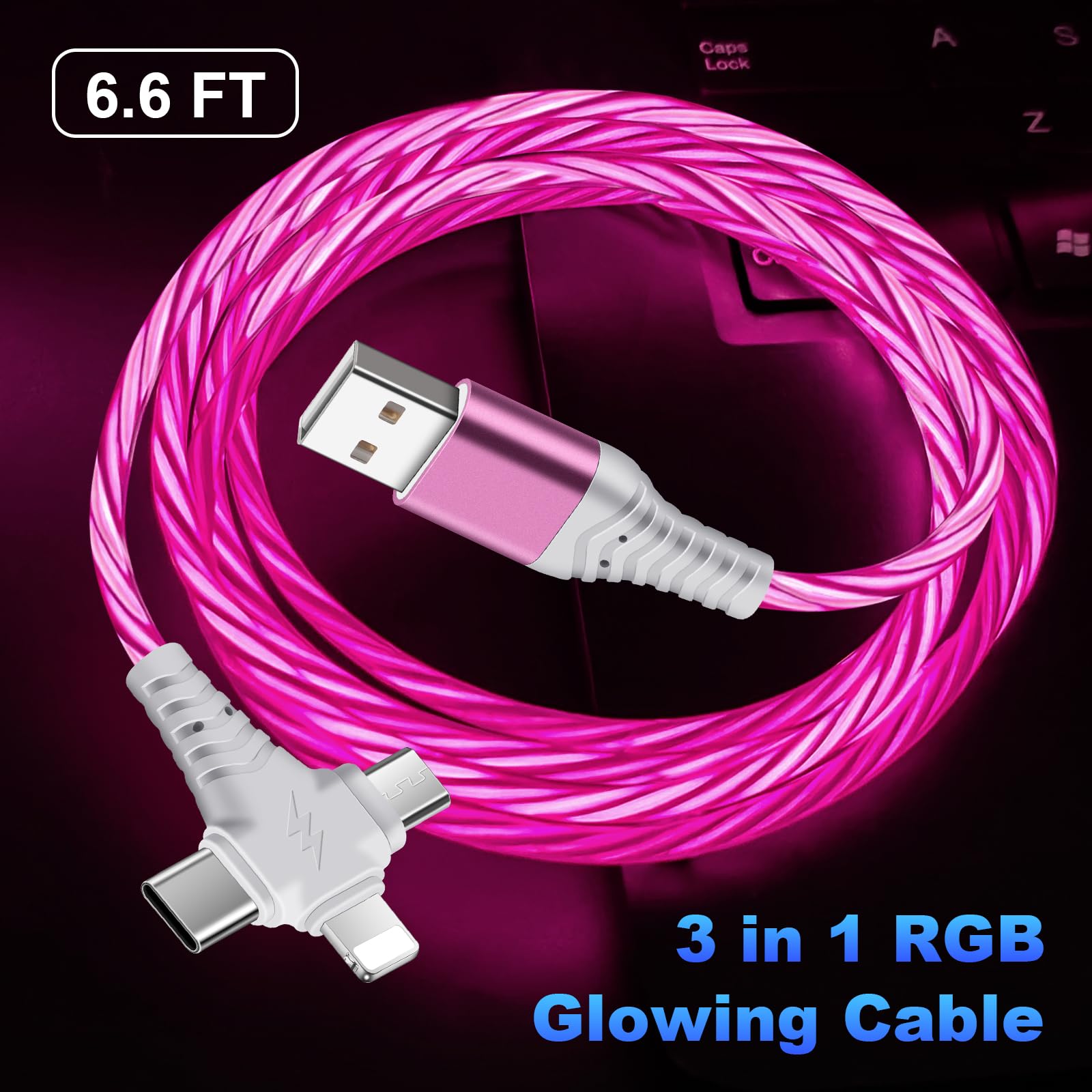 6.6Ft Light Up Multi Charging Cable 3 In 1 Glowing Fast Charging Cord 120W 3 In 1 Light Up Multi Charger Cable With Usb To Ios/T