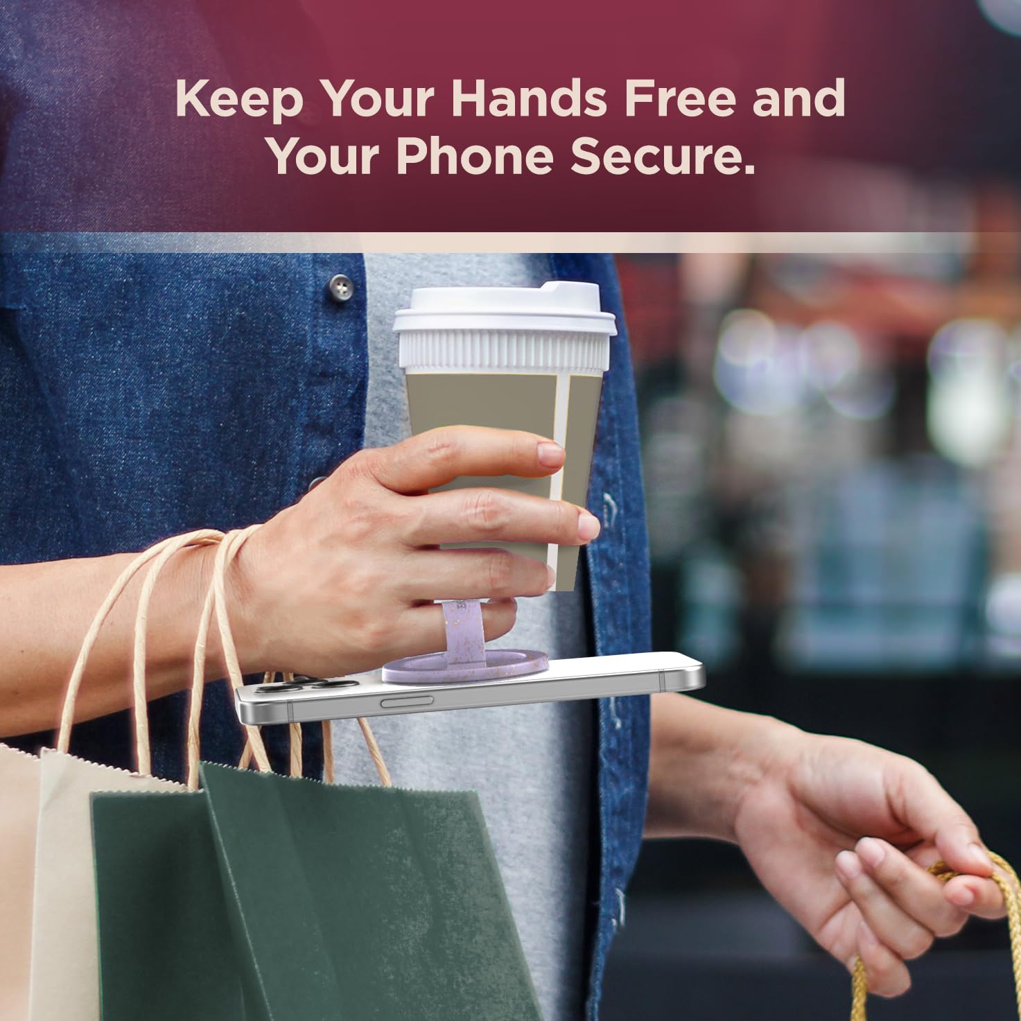 Encased Magnetic Phone Grip Holder (Compatible With Magsafe) Thin Silicone Finger Loop Ring For Iphone (Purple Glitter)