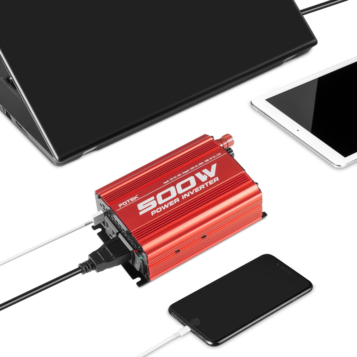 Potek 500W Car Power Inverter Dc 12V To Ac 110V With 2Ac Outlets And 2A Usb Port