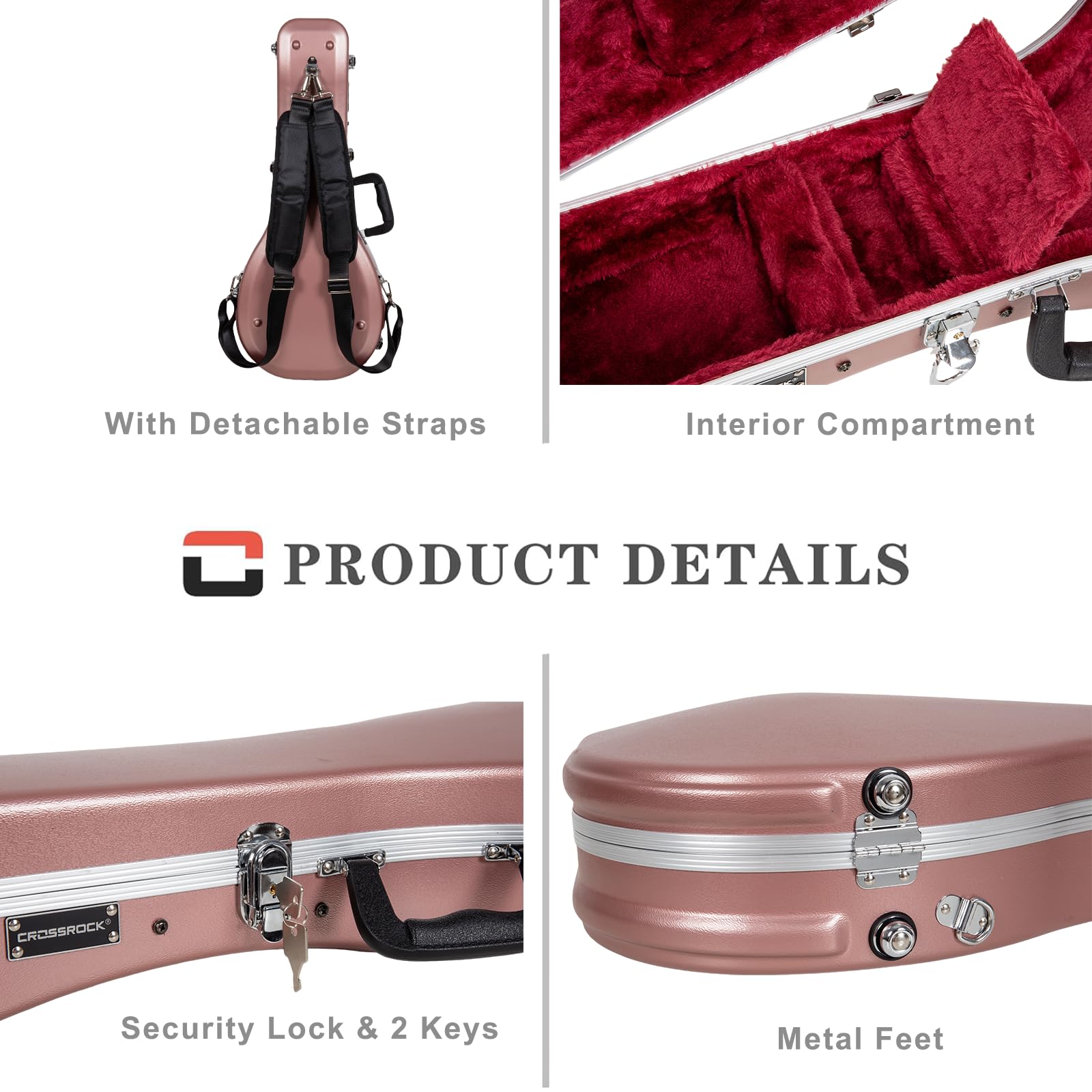 Crossrock A-Style Mandolin Case | Abs Molded Hardshell With Security Lock, Metal Feet, And Detachable Straps-Rose Gold (Cra862Ma